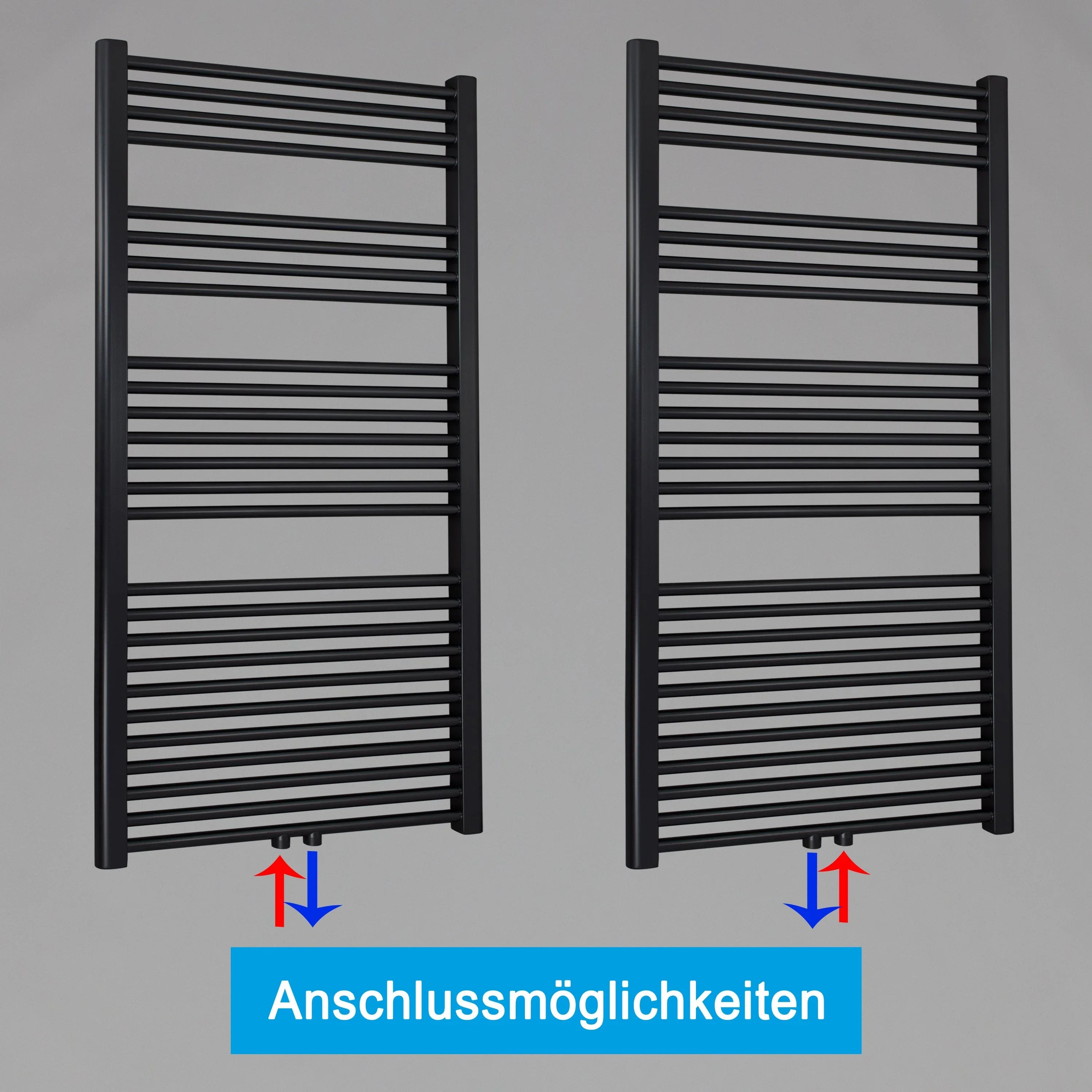 Badheizkörper gerade mit Mittenanschluss Handtuchhalter Badezimmer Heizung Handtuchwärmer 1424 x 600 schwarz Anschlussmöglichkeiten - heizkoerper.shop