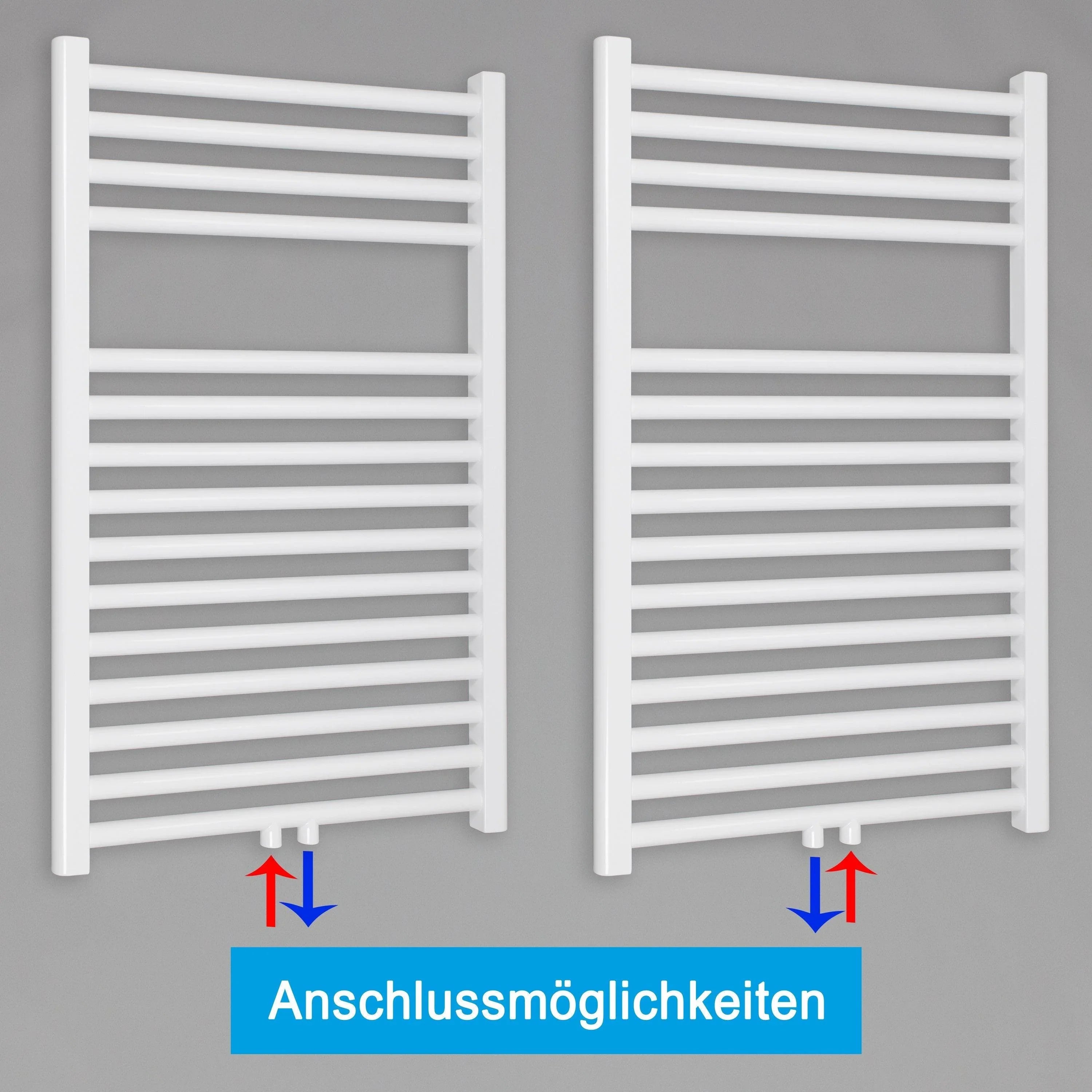 Handtuchheizkörper mit Mittelanschluss Handtuchhalter Badezimmer Heizung Handtuchwärmer 764 x 600 weiß Anschlussmöglichkeiten - heizkoerper.shop