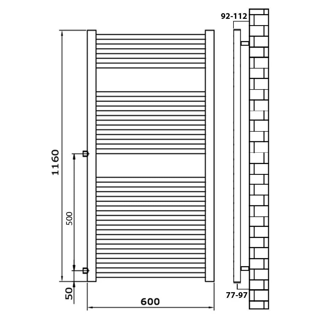 Badheizkörper Austauschheizkörper 1160 x 600 links rechts Seitenanschluss Nabenanschluss seitlicher Anschluss 500 Renovierung technische Zeichnung schwarz - heizkoerper.shop