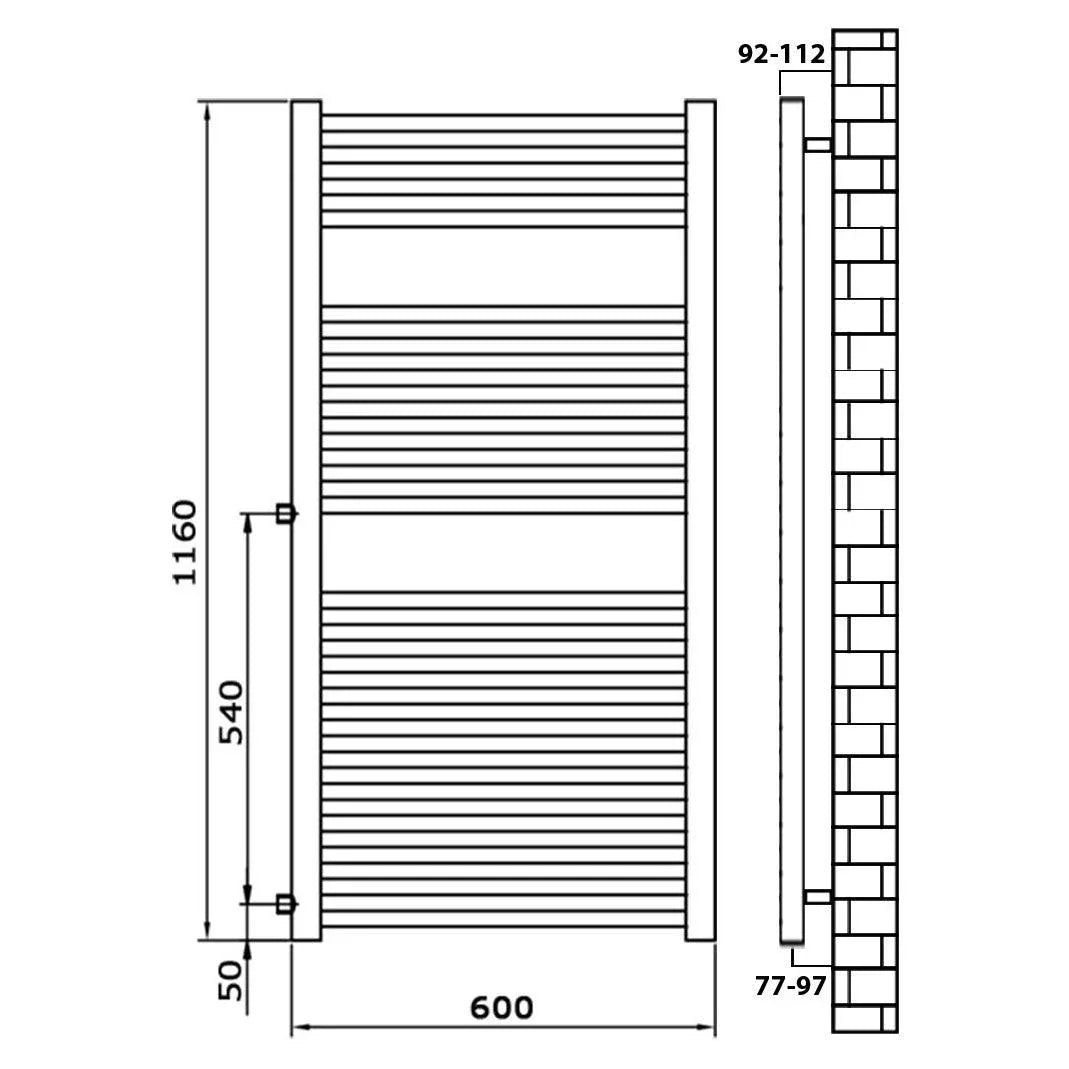Badheizkörper Austauschheizkörper 1160 x 600 links rechts Seitenanschluss Nabenanschluss seitlicher Anschluss 540 Renovierung technische Zeichnung schwarz - heizkoerper.shop