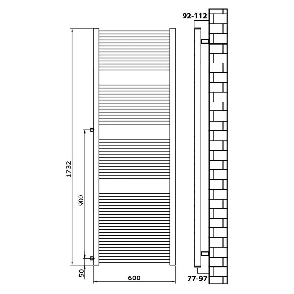 Badheizkörper Austauschheizkörper 1732 x 600 links rechts Seitenanschluss Nabenanschluss seitlicher Anschluss 900 Renovierung technische Zeichnung schwarz - heizkoerper.shop