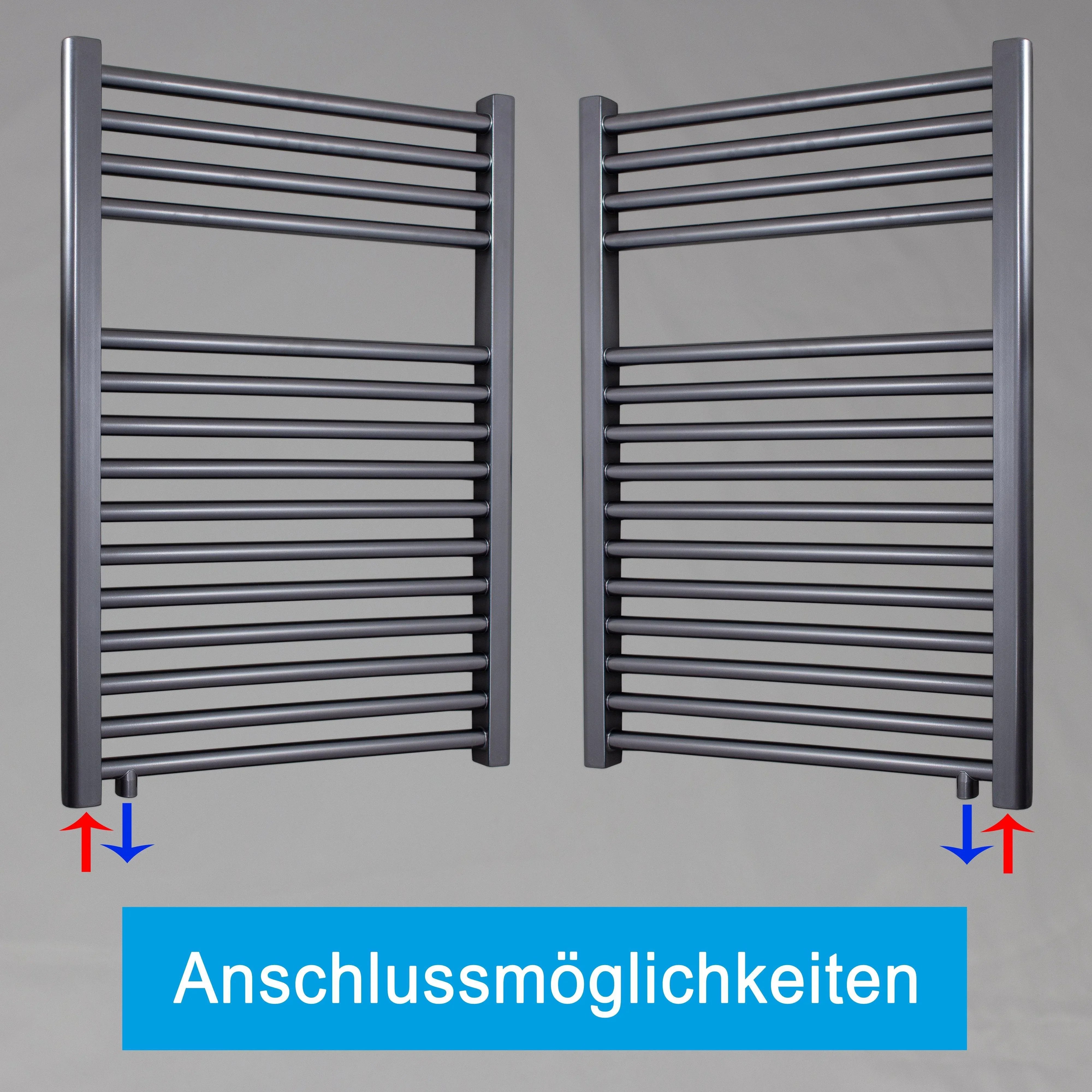 Badheizkörper anthrazit 764 x 600 Handtuchheizkörper mit Anschluss links oder rechts | mit versetztem Mittelanschluss Anschlussmöglichkeiten - heizkoerper.shop
