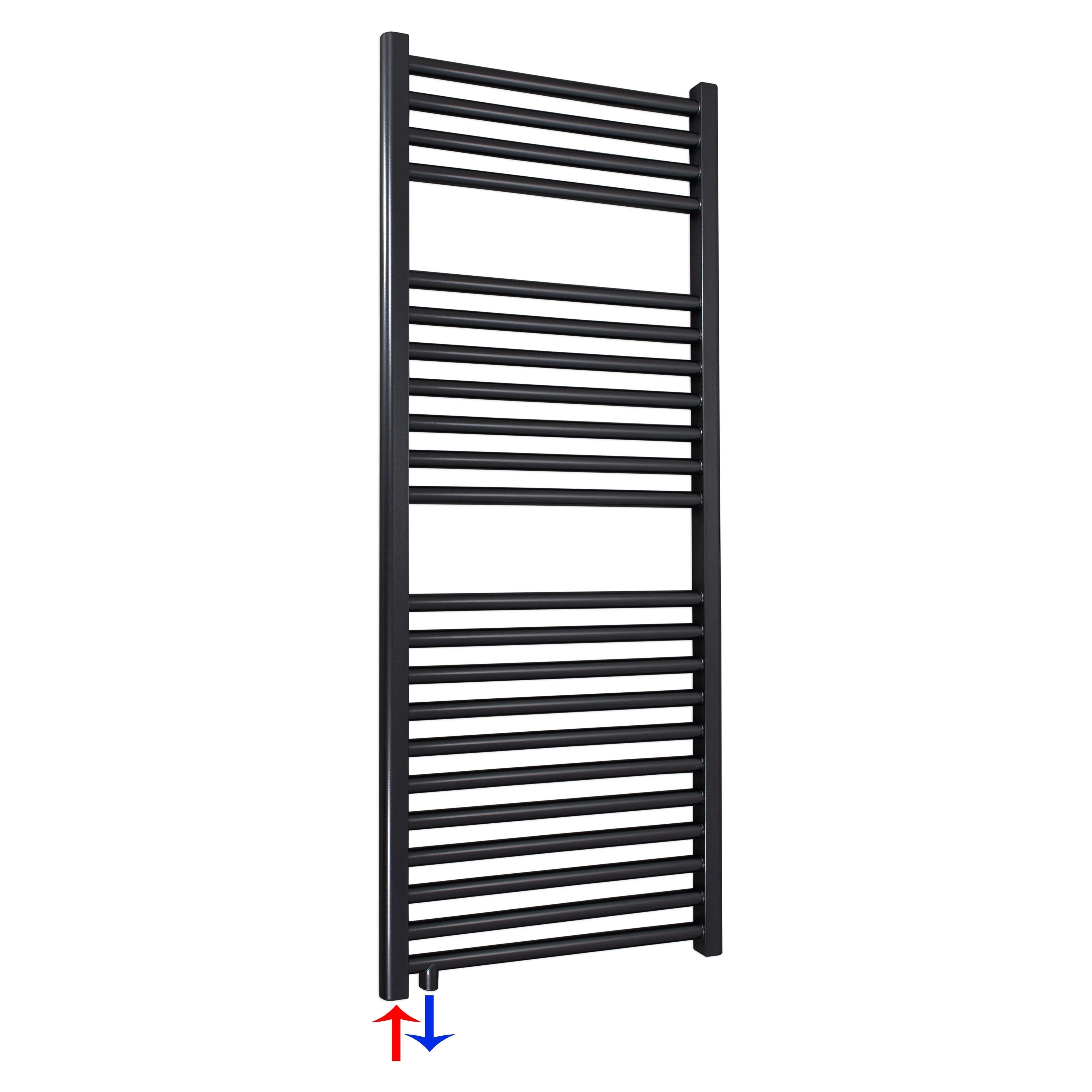 Badheizkörper schwarz 1160 x 600 Handtuchheizkörper mit Anschluss links oder rechts | mit versetztem Mittelanschluss - heizkoerper.shop