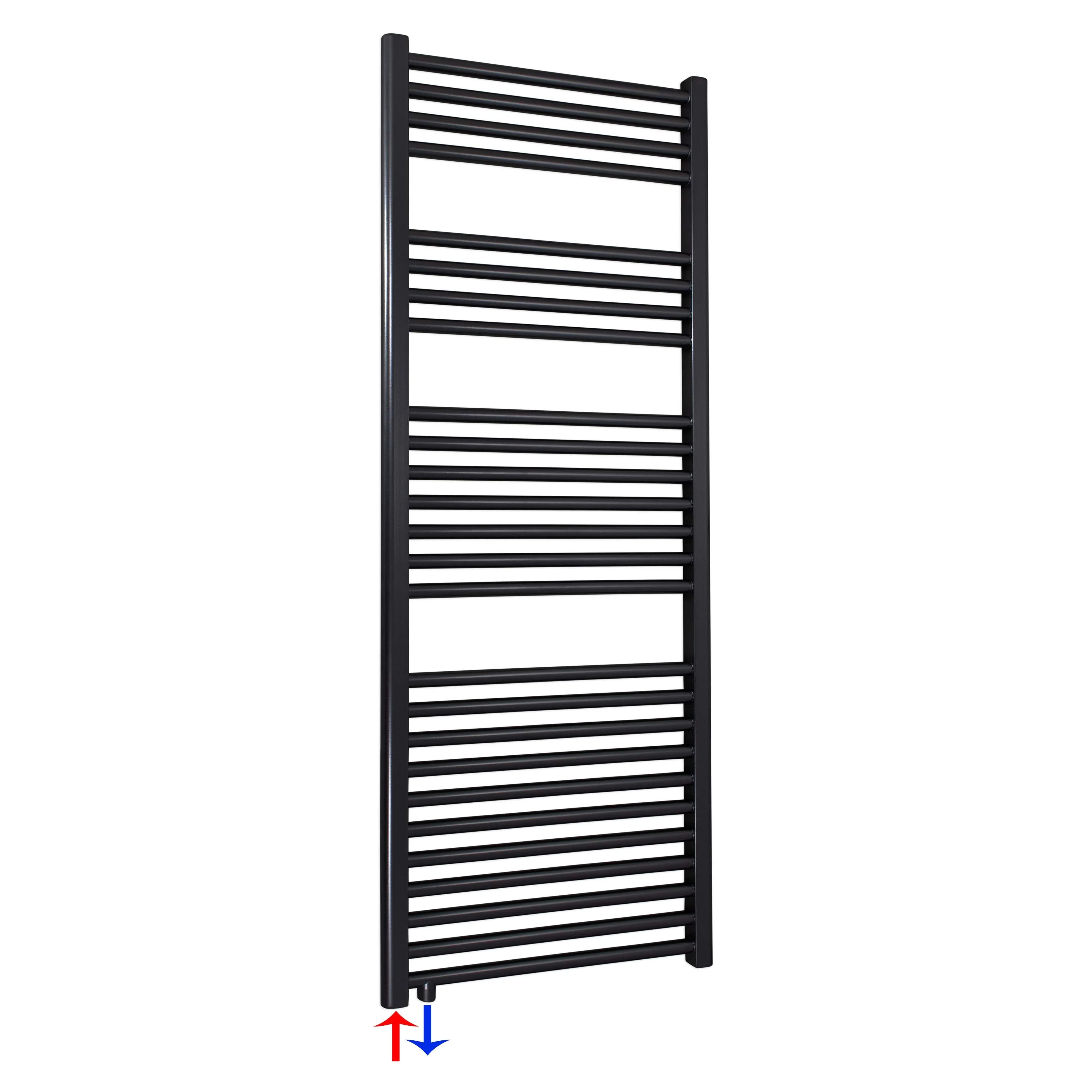 Badheizkörper schwarz 1424 x 600 Handtuchheizkörper mit Anschluss links oder rechts | mit versetztem Mittelanschluss - heizkoerper.shop