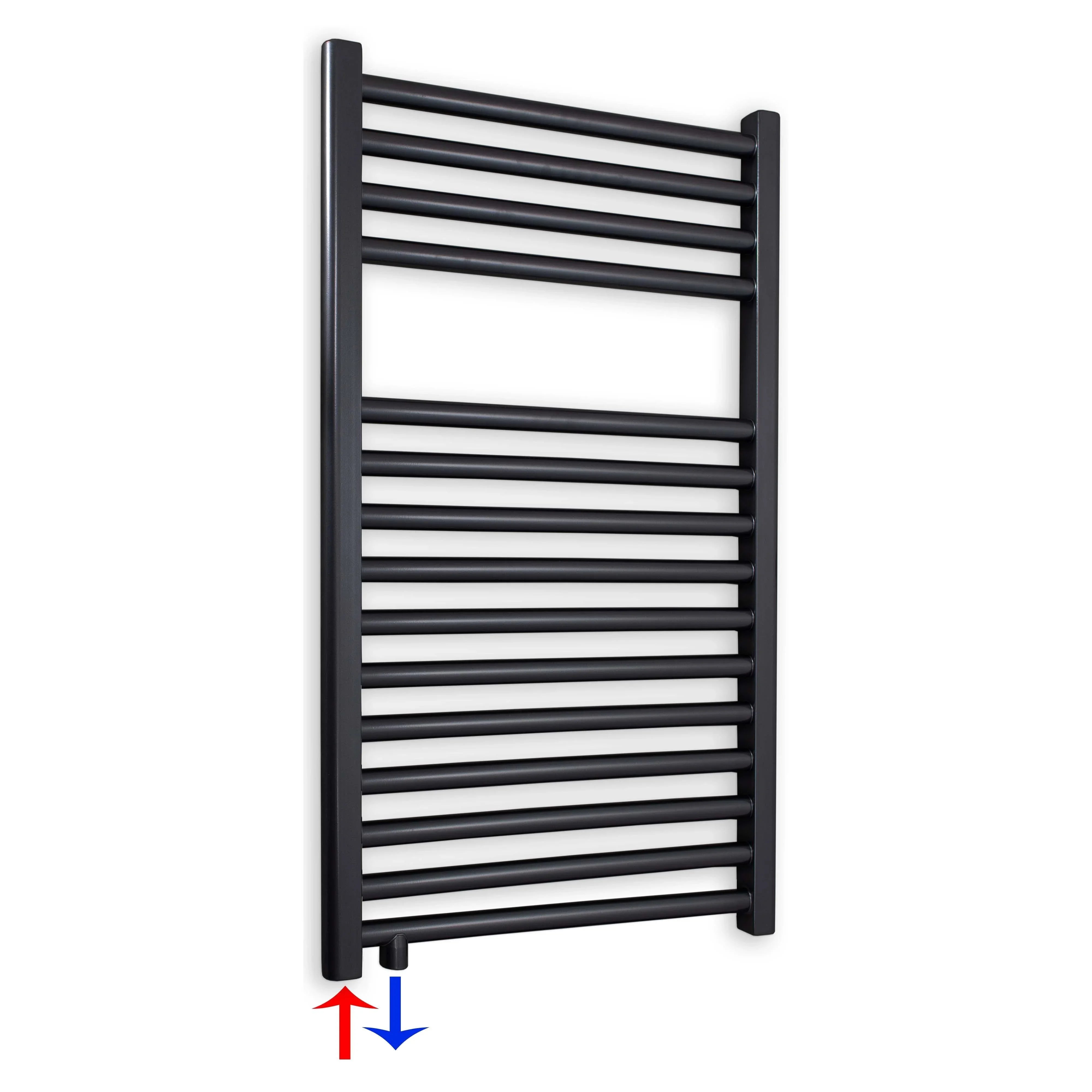 Badheizkörper schwarz 764 x 400 Handtuchheizkörper mit Anschluss links oder rechts | mit versetztem Mittelanschluss - heizkoerper.shop