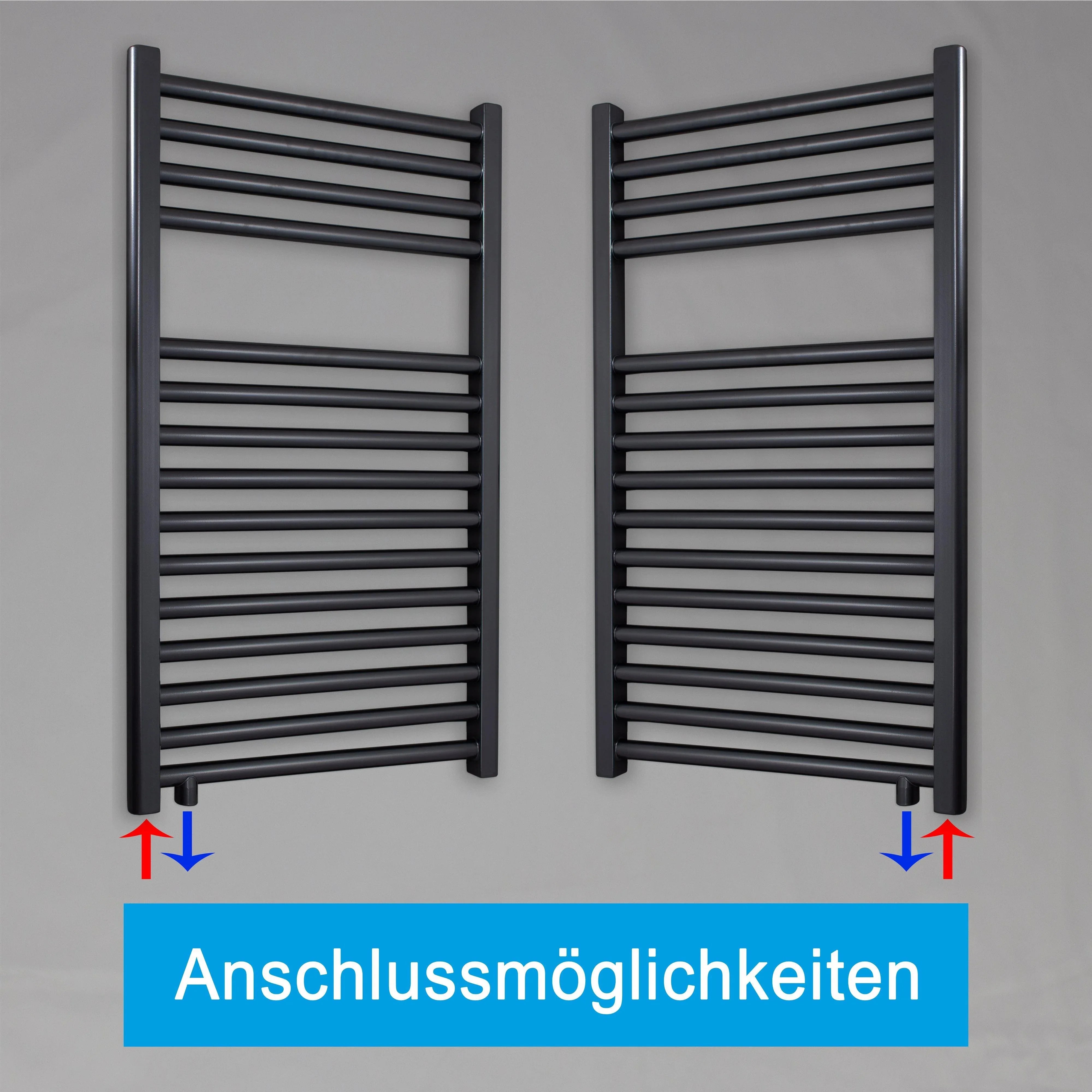 Badheizkörper schwarz 764 x 400 Handtuchheizkörper mit Anschluss links oder rechts | mit versetztem Mittelanschluss Anschlussmöglichkeiten - heizkoerper.shop
