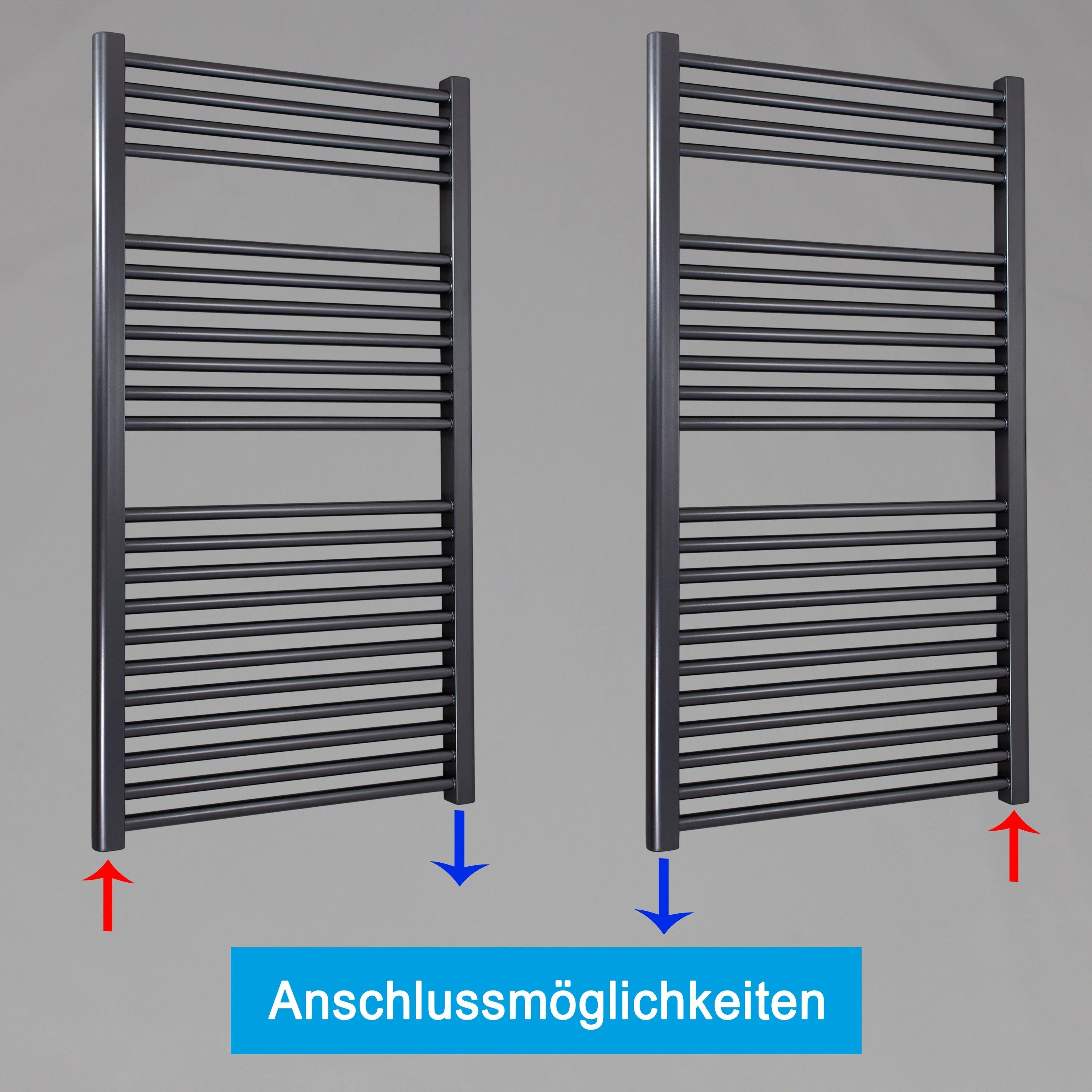 Badheizkörper gerade mit Standardanschluss Handtuchhalter Badezimmer Heizung Handtuchwärmer 1160 x 600 anthrazit Anschlussmöglichkeiten - heizkoerper.shop