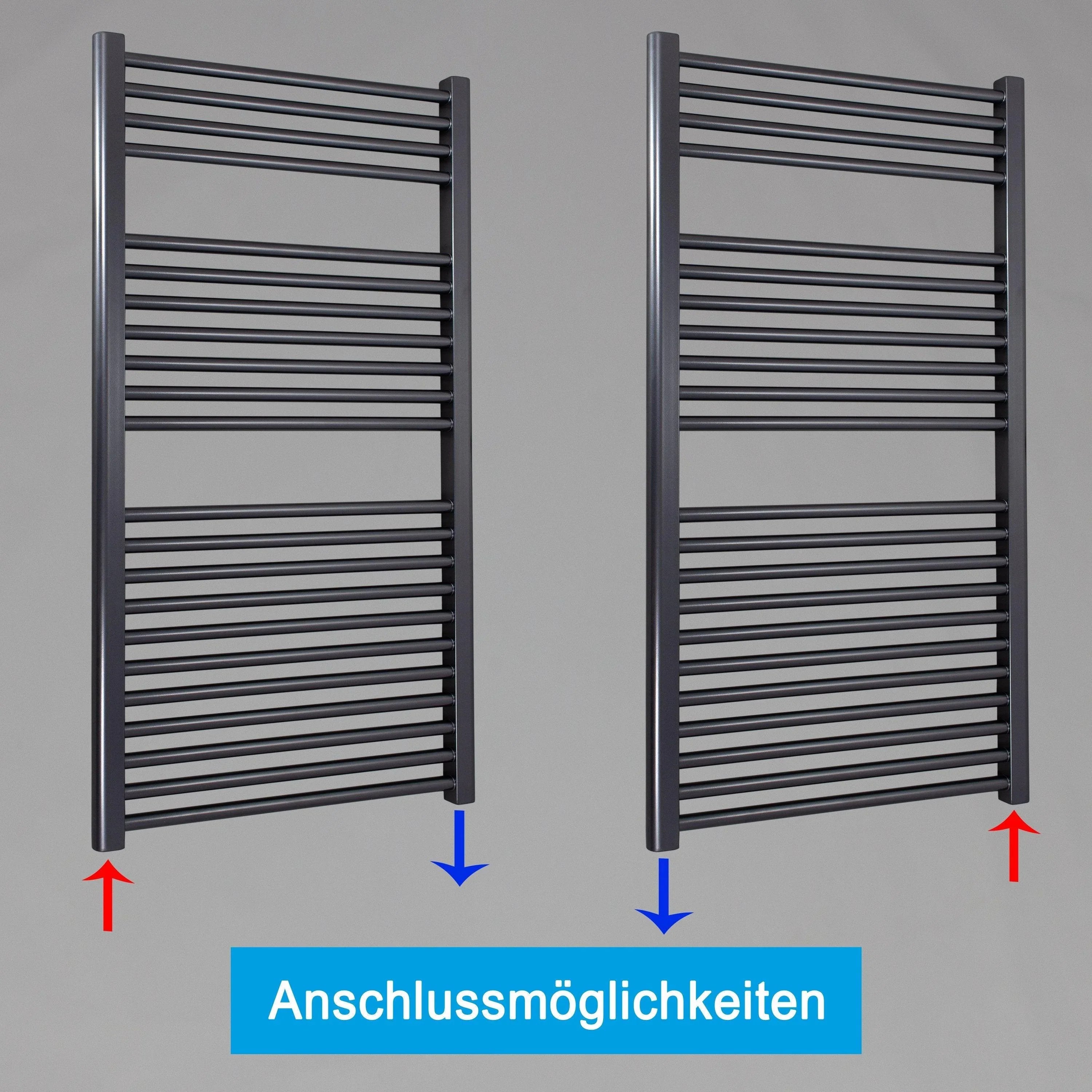 Handtuchheizkörper mit Standardanschluss Handtuchhalter Badezimmer Heizung Handtuchwärmer 1160 x 600 anthrazit Anschlussmöglichkeiten - heizkoerper.shop