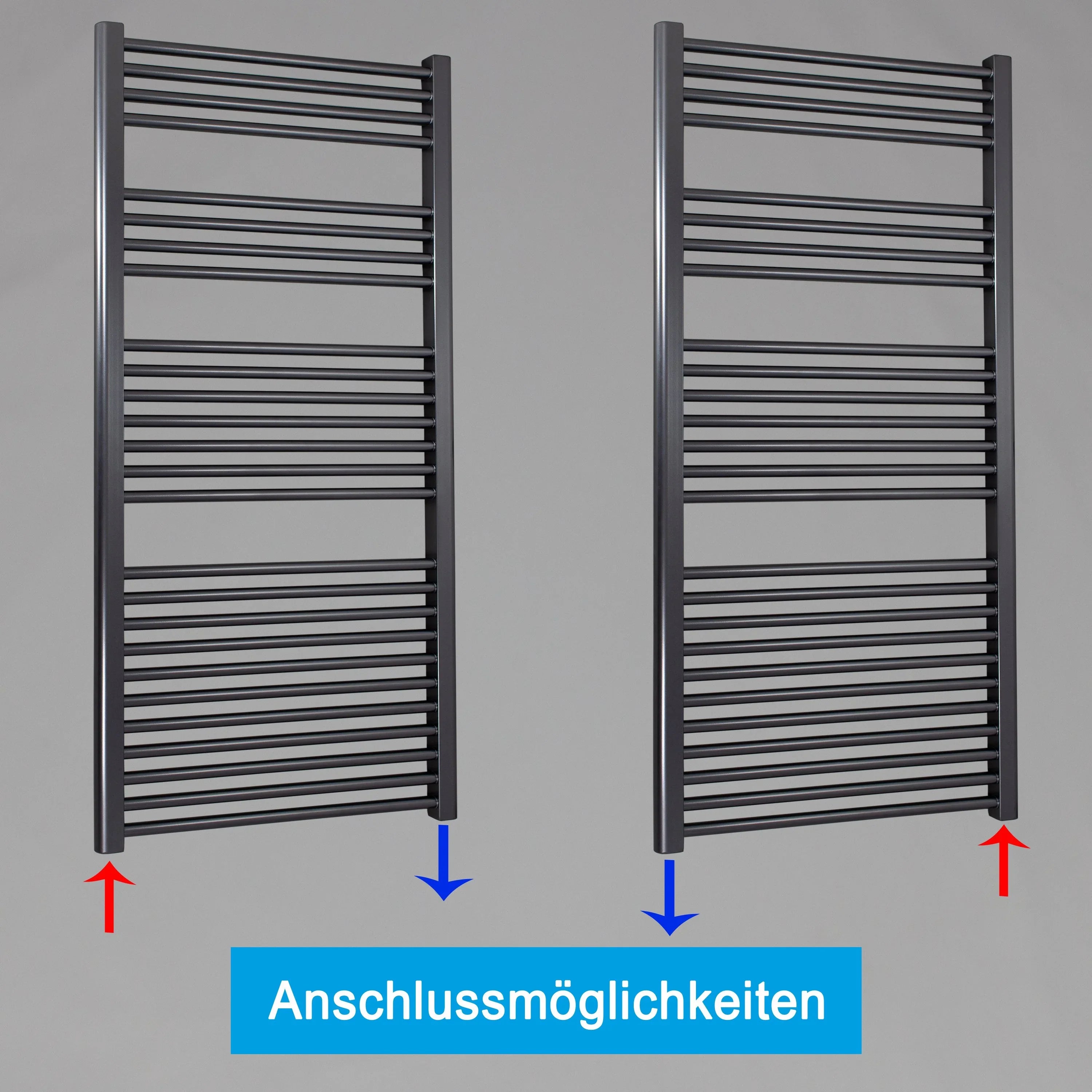 Badheizkörper gerade mit Standardanschluss Handtuchhalter Badezimmer Heizung Handtuchwärmer 1424 x 600 anthrazit Anschlussmöglichkeiten - heizkoerper.shop