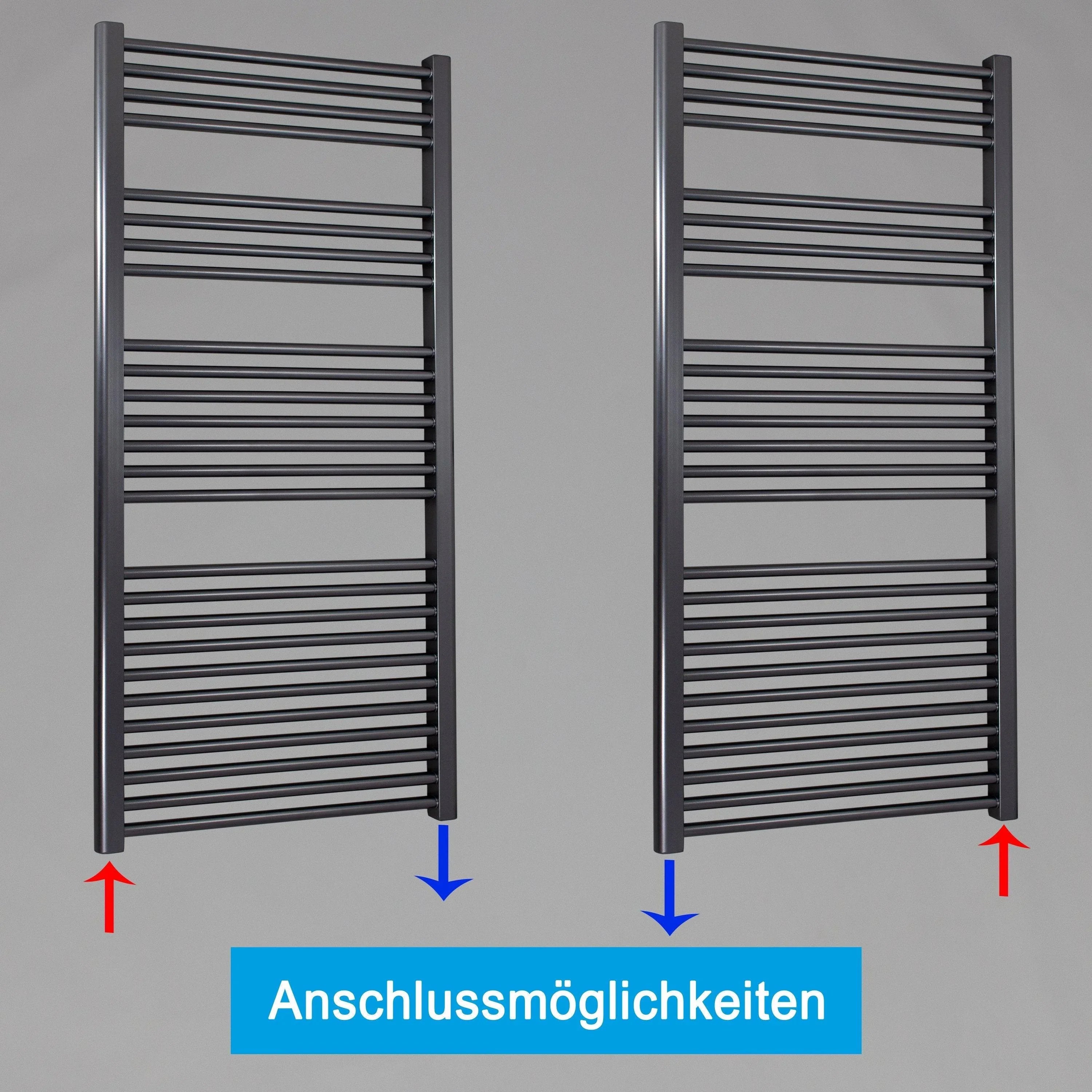 Handtuchheizkörper mit Standardanschluss Handtuchhalter Badezimmer Heizung Handtuchwärmer 1424 x 600 anthrazit Anschlussmöglichkeiten - heizkoerper.shop