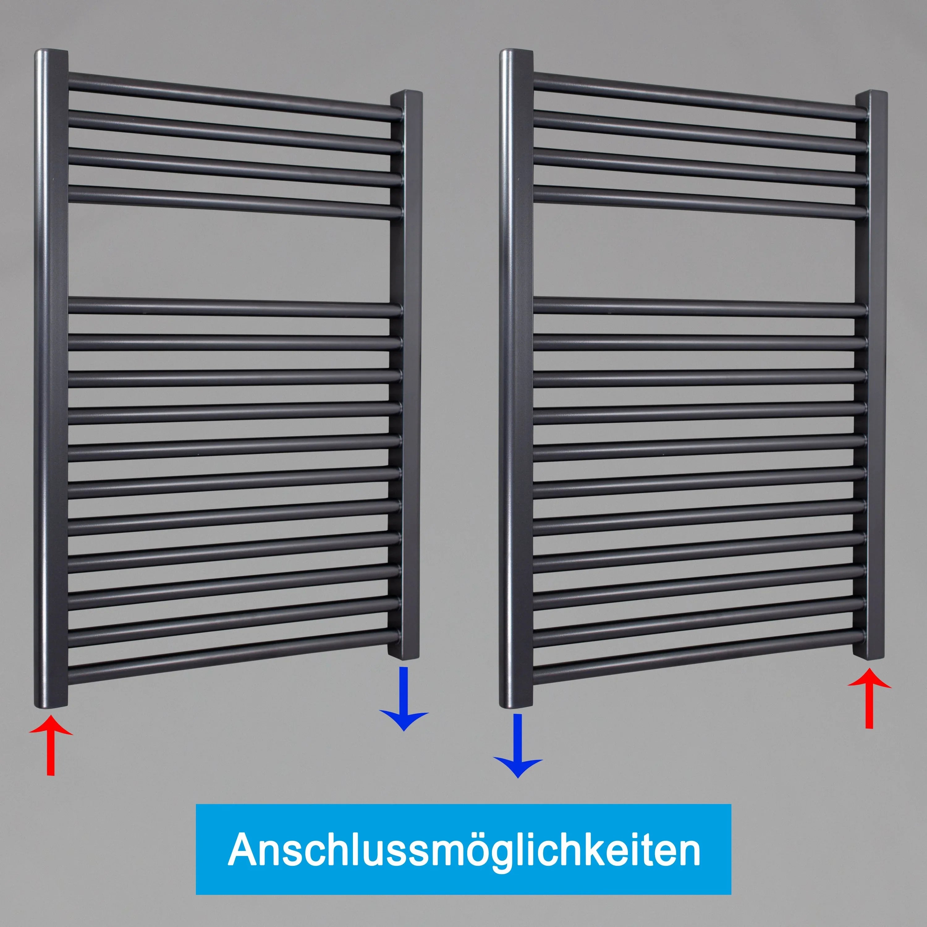 Badheizkörper gerade mit Standardanschluss Handtuchhalter Badezimmer Heizung Handtuchwärmer 764 x 600 anthrazit Anschlussmöglichkeiten - heizkoerper.shop