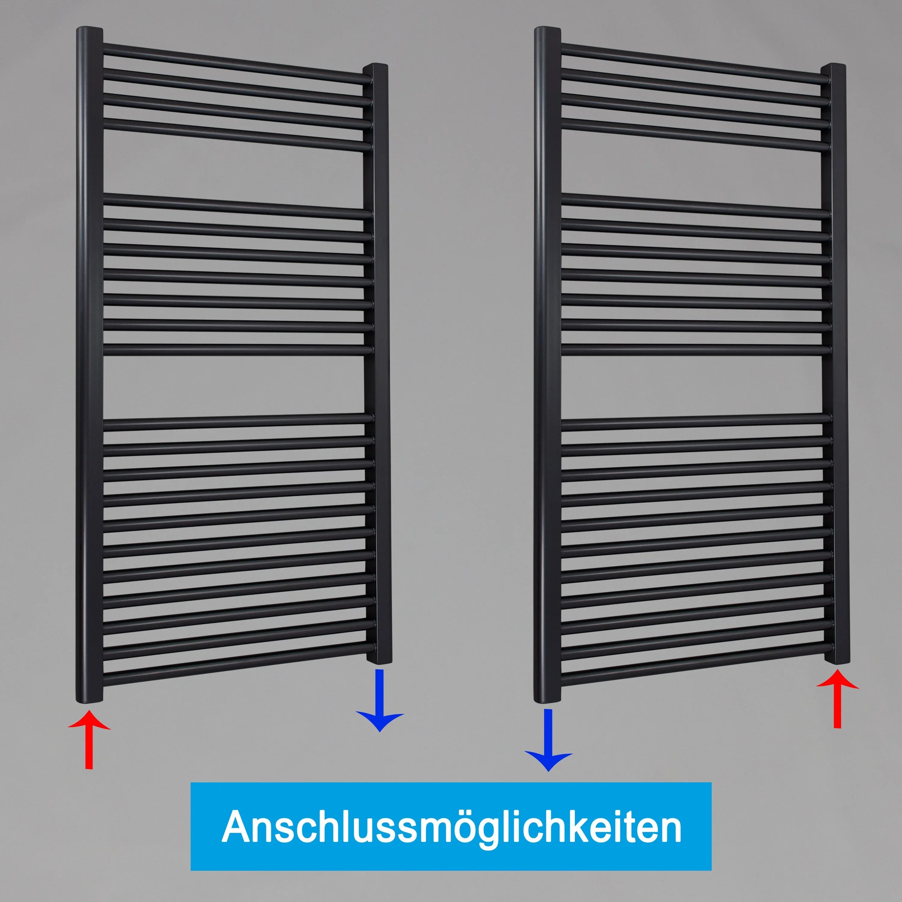 Badheizkörper gerade mit Standardanschluss Handtuchhalter Badezimmer Heizung Handtuchwärmer 1160 x 600 schwarz Anschlussmöglichkeiten - heizkoerper.shop