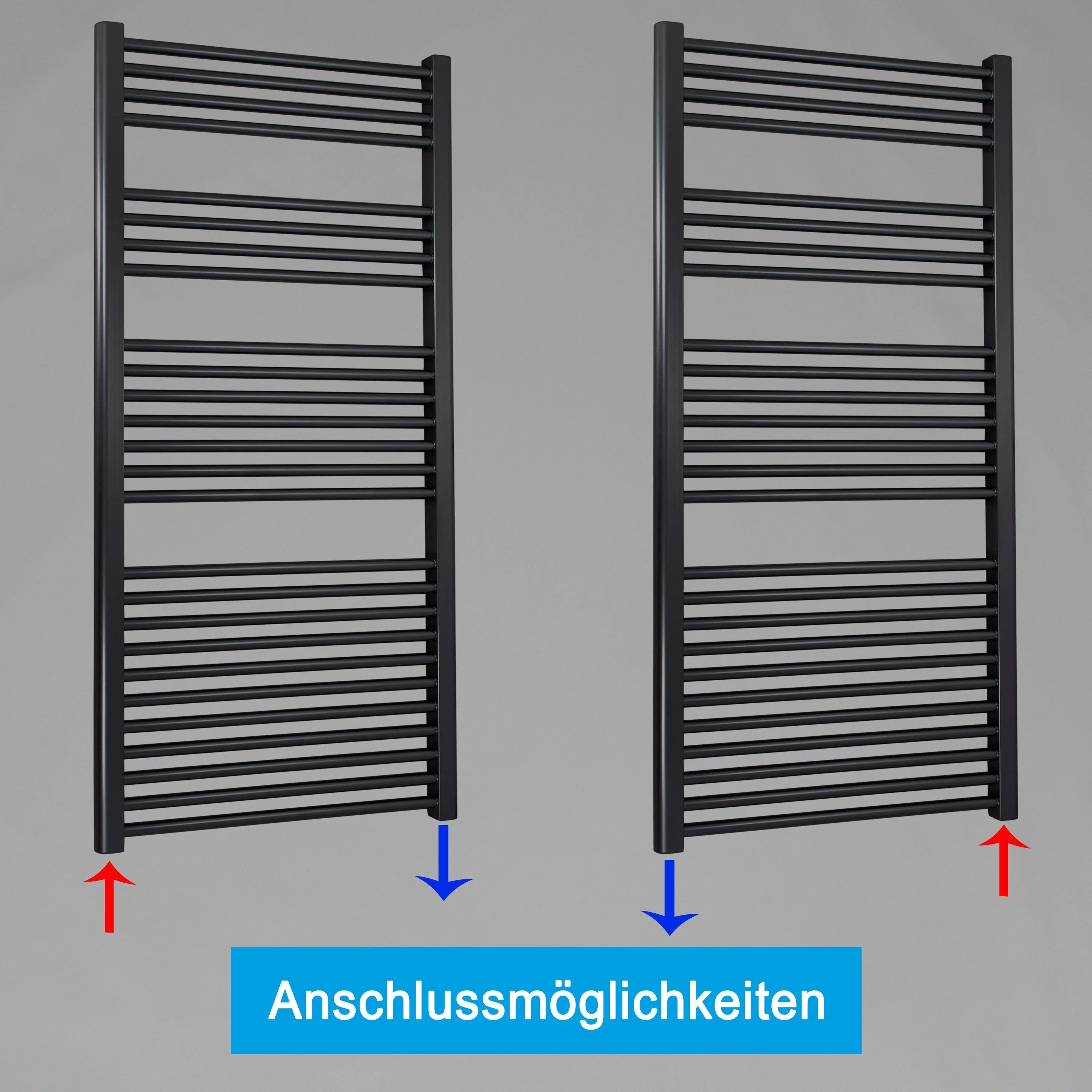 Badheizkörper gerade mit Standardanschluss Handtuchhalter Badezimmer Heizung Handtuchwärmer 1424 x 600 schwarz Anschlussmöglichkeiten - heizkoerper.shop