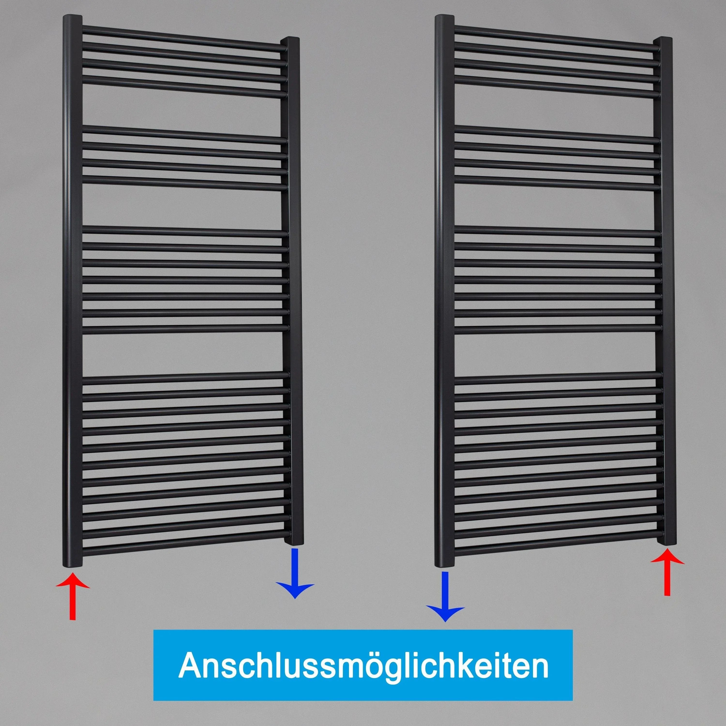 Handtuchheizkörper mit Standardanschluss Handtuchhalter Badezimmer Heizung Handtuchwärmer 1424 x 600 schwarz Anschlussmöglichkeiten - heizkoerper.shop