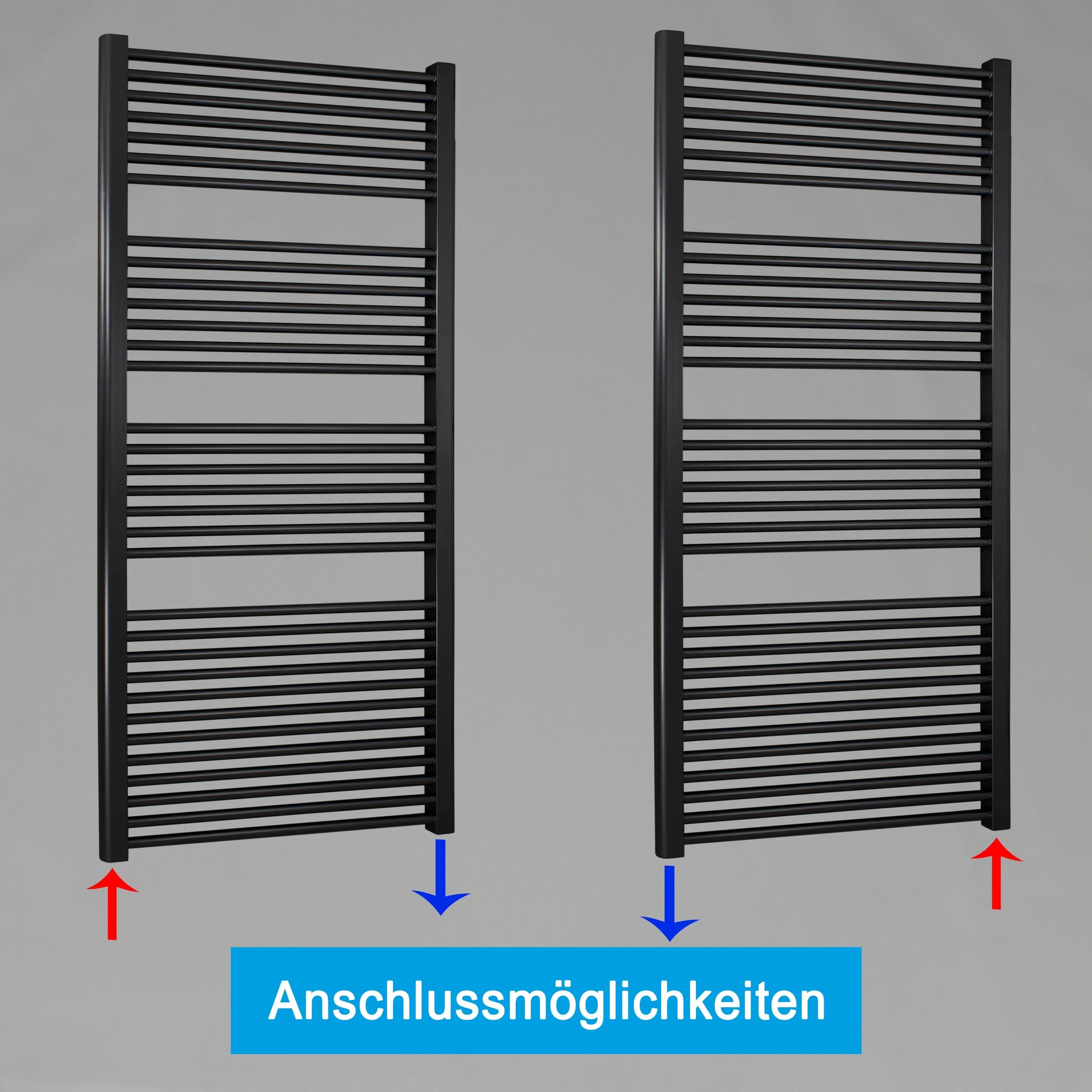 Badheizkörper gerade mit Standardanschluss Handtuchhalter Badezimmer Heizung Handtuchwärmer 1732 x 600 schwarz Anschlussmöglichkeiten - heizkoerper.shop
