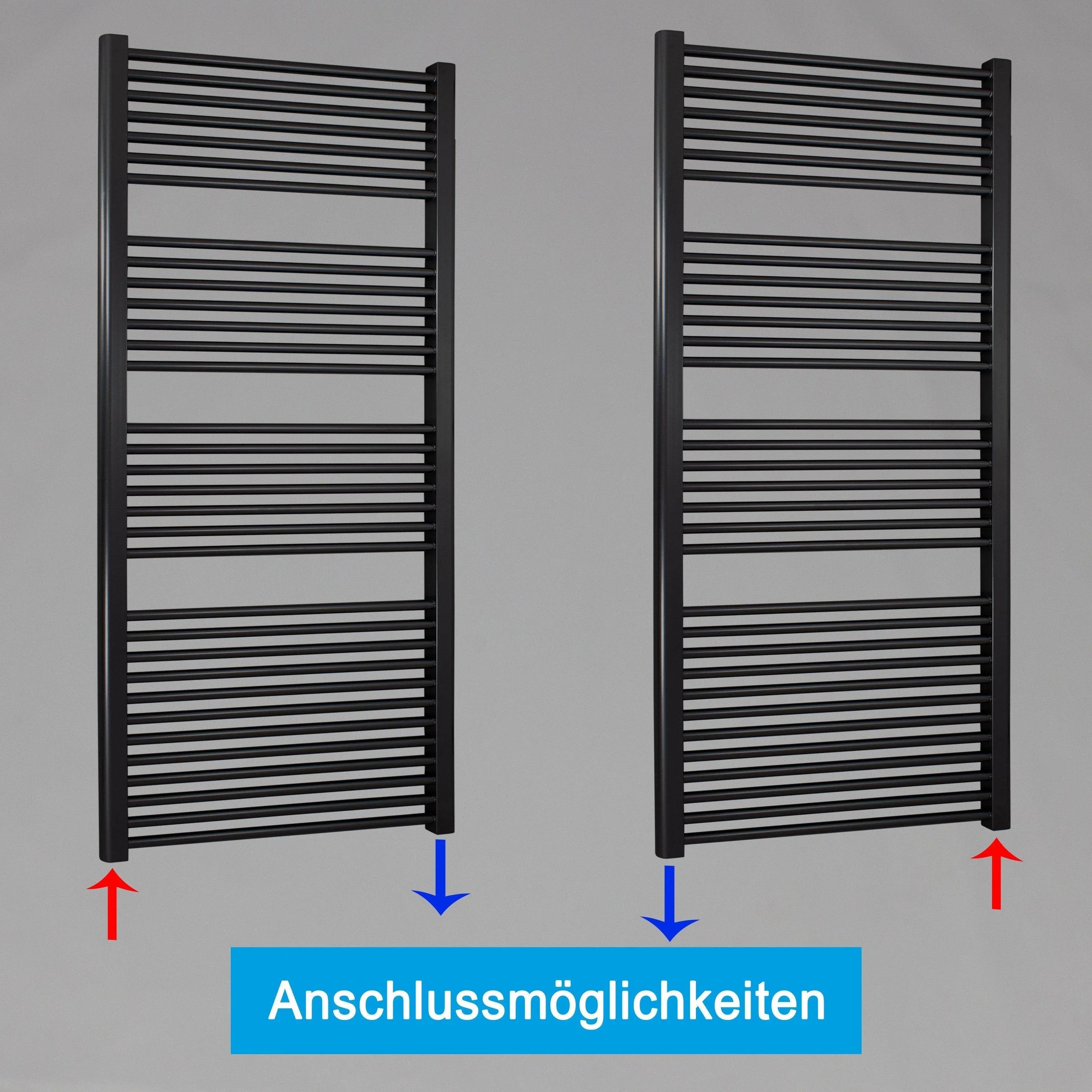 Handtuchheizkörper mit Standardanschluss Handtuchhalter Badezimmer Heizung Handtuchwärmer 1732 x 600 schwarz Anschlussmöglichkeiten - heizkoerper.shop