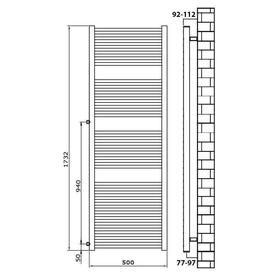 Badheizkörper Austauschheizkörper 1732 x 500 links rechts Seitenanschluss Nabenanschluss seitlicher Anschluss 940 Renovierung technische Zeichnung schwarz - heizkoerper.shop