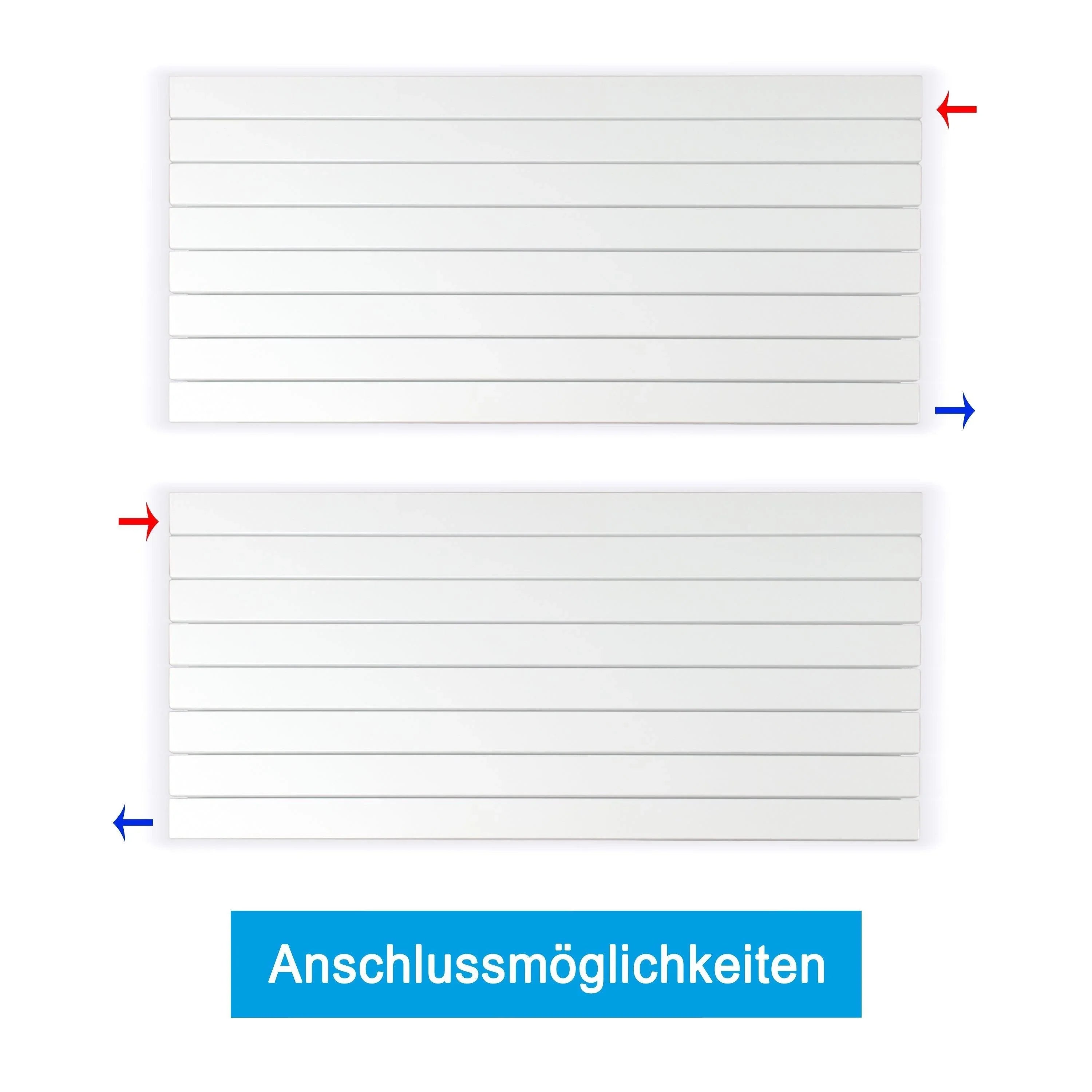 Flachheizkörper horizontal mit seitlichem Anschluss Heizkörper Badheizkörper flach Anschlussmöglichkeiten - heizkoerper.shop