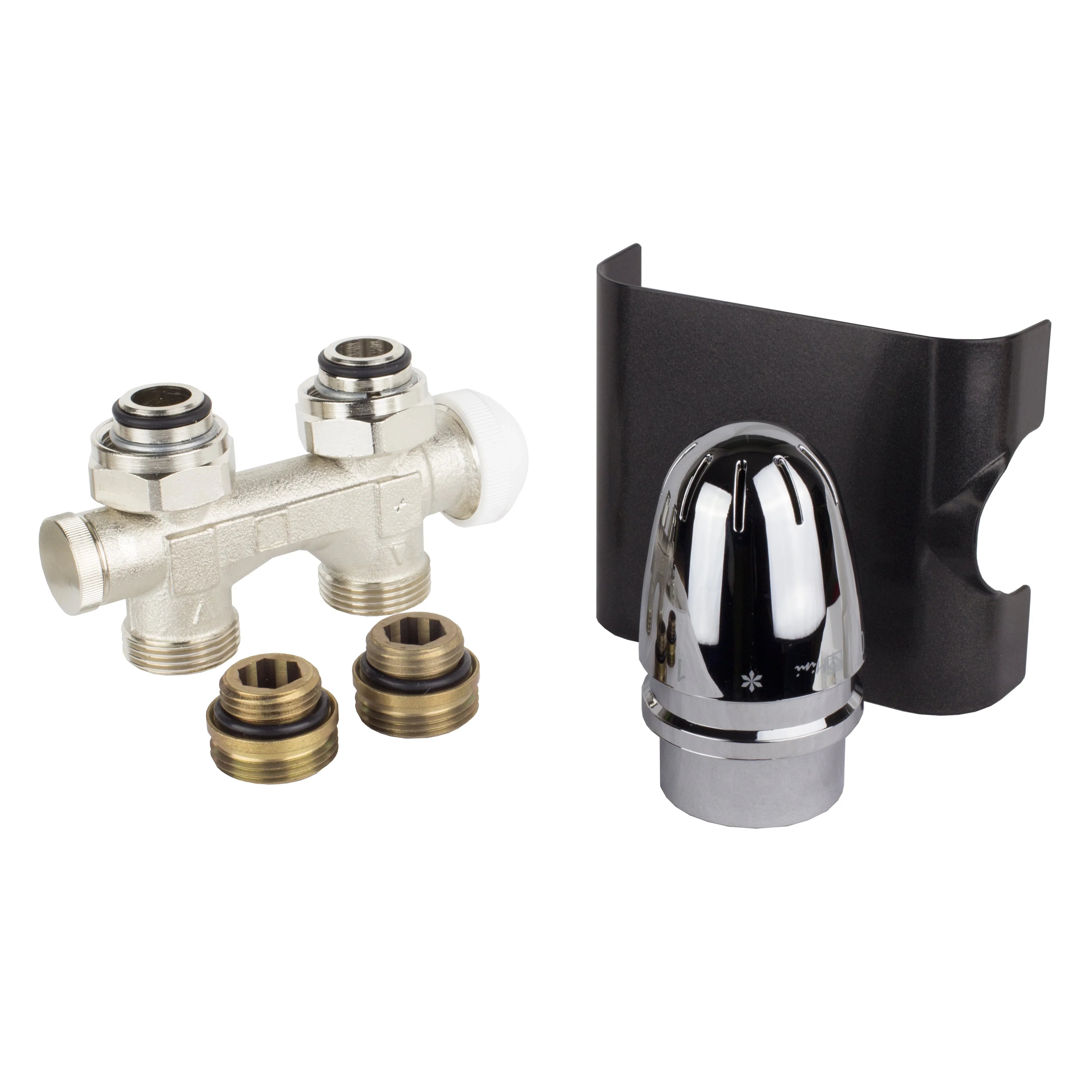 Anschlussset für Badheizkörper anthrazit mit Mittelanschluss Multiblock Zweirohr Einrohr System Hahnblock Set inkl. Thermostatkopf Durchgangsausführung Lieferumfang- heizkoerper.shop