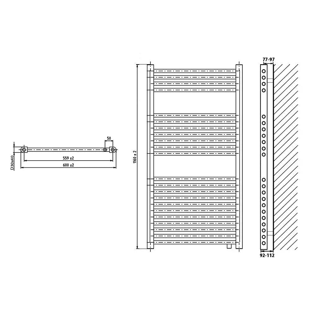 Badheizkörper Handtuchheizkörper 1160 x 600 mit Anschluss links oder rechts | mit versetztem Mittelanschluss technische Zeichnung - heizkoerper.shop