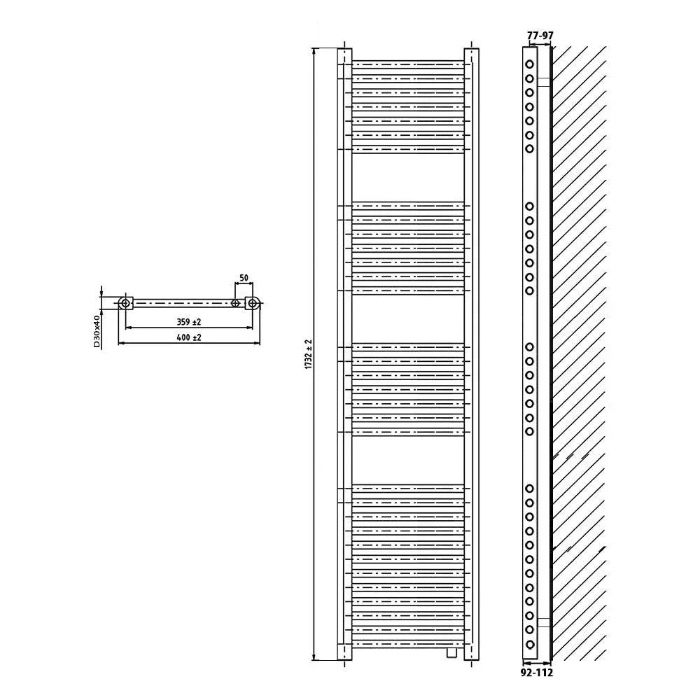 Badheizkörper Handtuchheizkörper 1732 x 400 mit Anschluss links oder rechts | mit versetztem Mittelanschluss technische Zeichnung - heizkoerper.shop