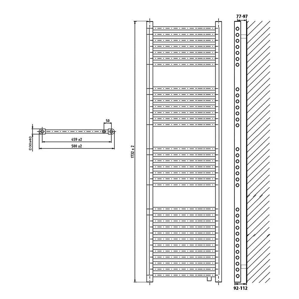 Badheizkörper Handtuchheizkörper 1732 x 500mit Anschluss links oder rechts | mit versetztem Mittelanschluss technische Zeichnung - heizkoerper.shop