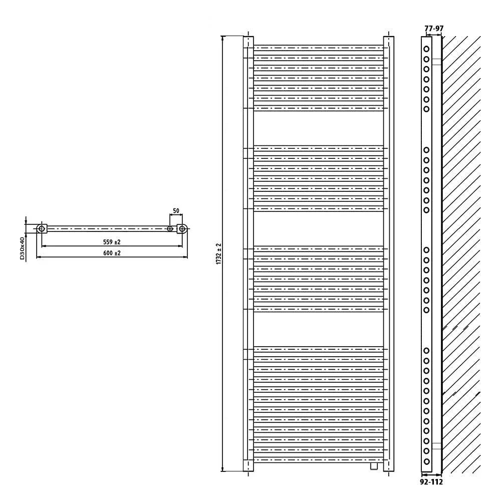 Badheizkörper Handtuchheizkörper 1732 x 600 mit Anschluss links oder rechts | mit versetztem Mittelanschluss technische Zeichnung - heizkoerper.shop