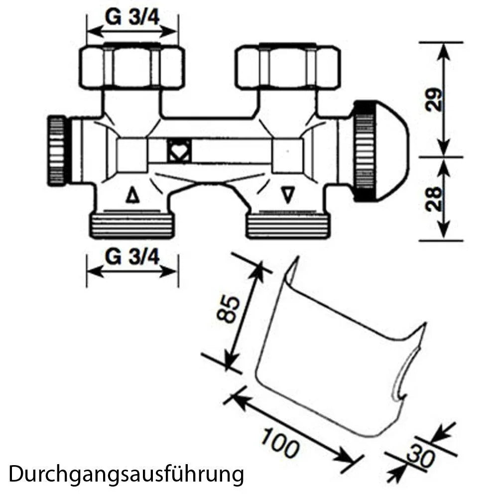Anschlussset für Badheizkörper mit Mittelanschluss Multiblock Zweirohr Einrohr System Hahnblock Set inkl. Thermostatkopf Durchgangsausführung technische Zeichnung - heizkoerper.shop