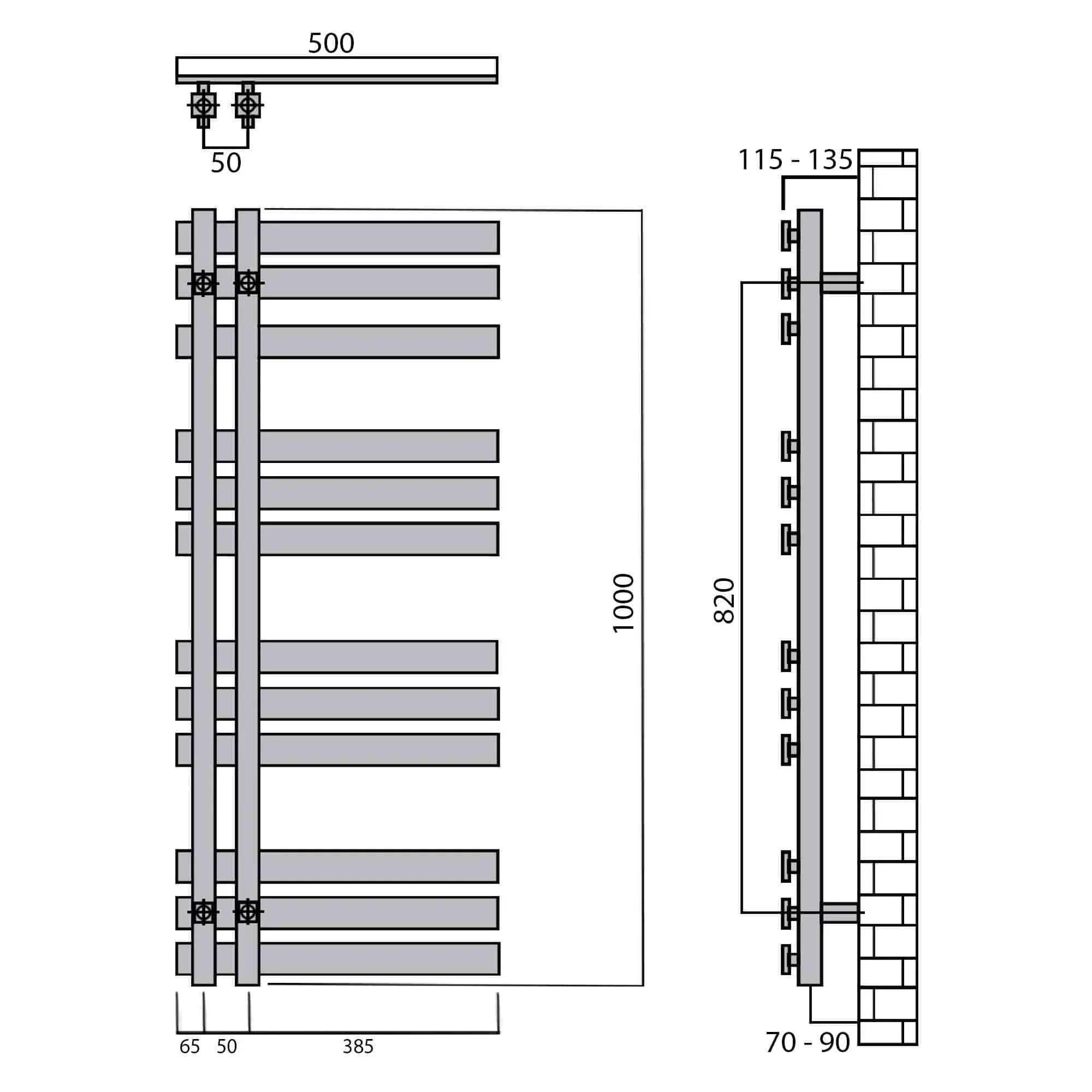 Design Badheizkörper 1000 x 500 Paneel Heizkörper Handtuch Mittel Anschluss links rechts inkl. Befestigung seitlich offen technische Zeichnung - heizkoerper.shop