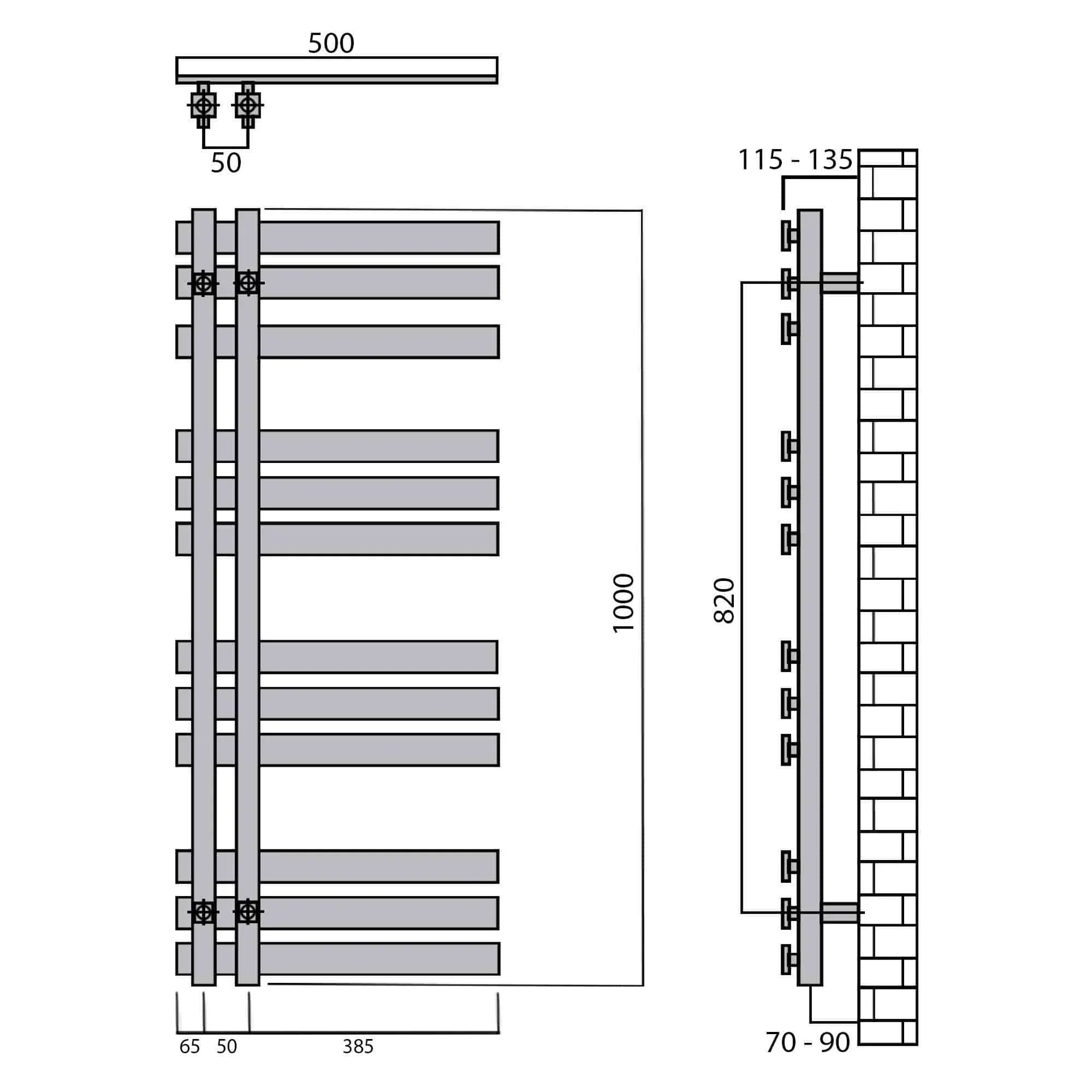 Design Badheizkörper 1000 x 500 Paneel Heizkörper Handtuch Mittel Anschluss links rechts anthrazit seitlich offen technische Zeichnung - heizkoerper.shop