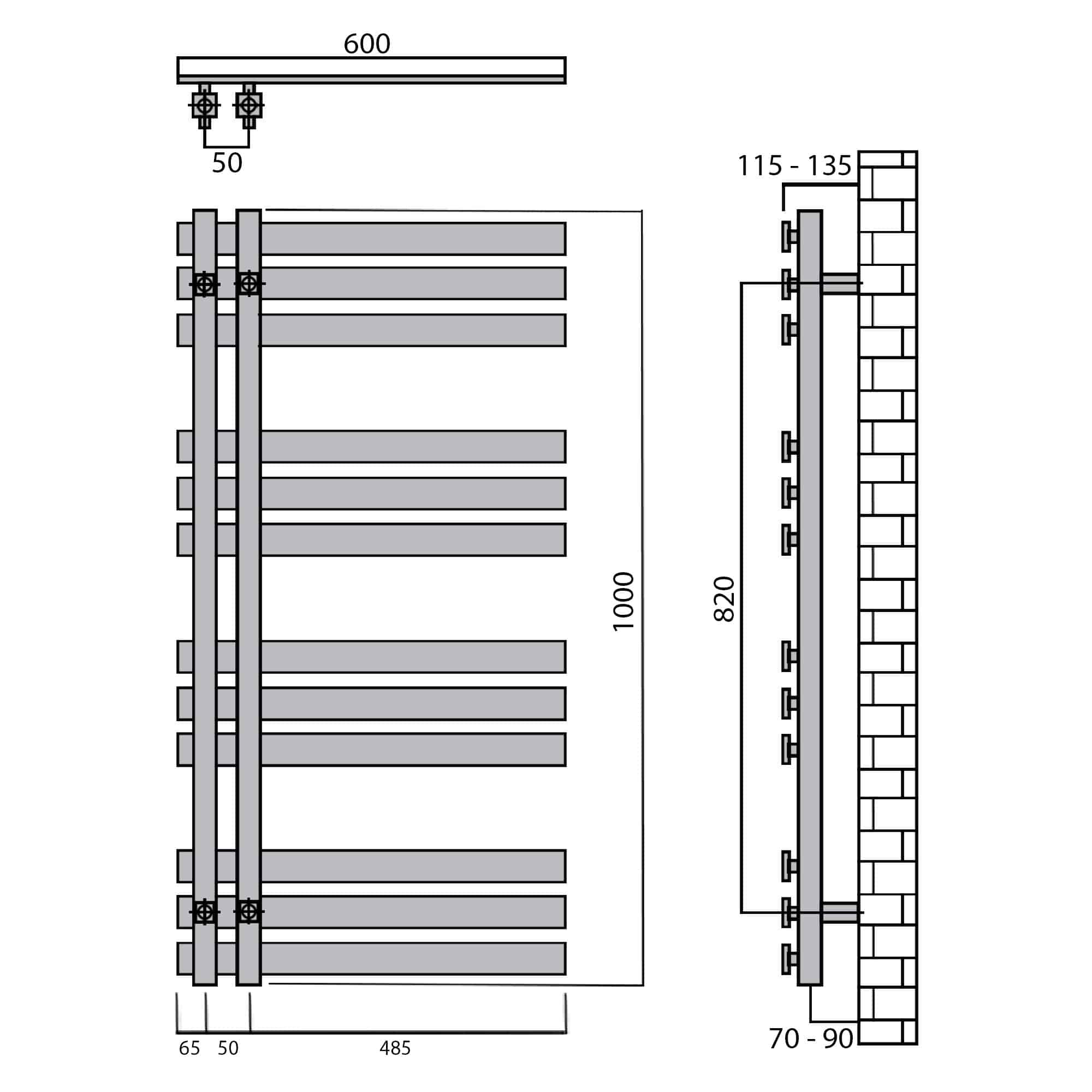 Design Badheizkörper 1000 x 600 Paneel Heizkörper Handtuch Mittel Anschluss links rechts anthrazit seitlich offen technische Zeichnung - heizkoerper.shop