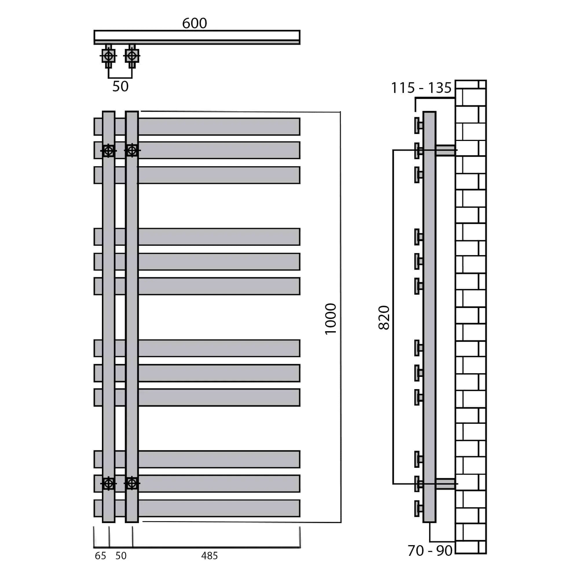 Design Badheizkörper 1000 x 600 Paneel Heizkörper Handtuch Mittel Anschluss links rechts anthrazit seitlich offen technische Zeichnung - heizkoerper.shop