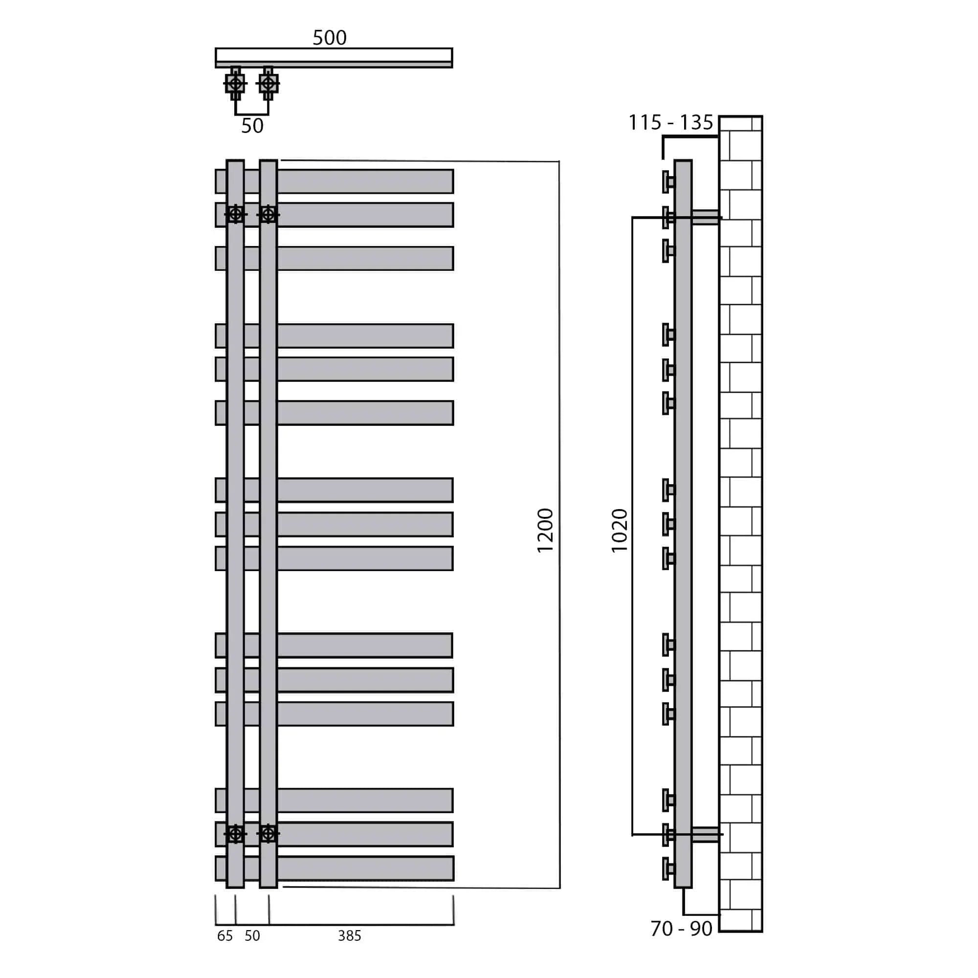 Design Badheizkörper 1200 x 500 Paneel Heizkörper Handtuch Mittel Anschluss links rechts inkl. Befestigung seitlich offen technische Zeichnung - heizkoerper.shop