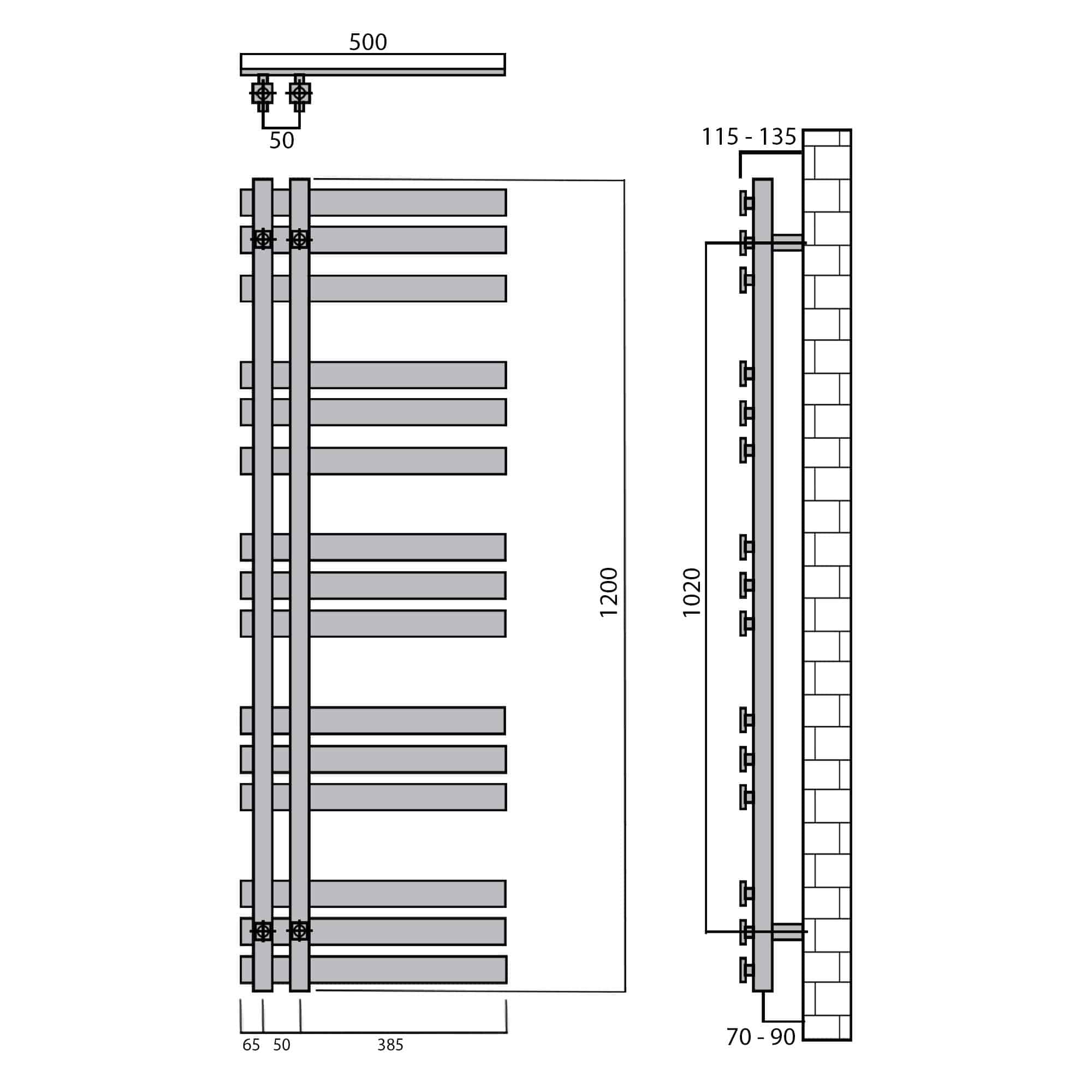 Design Badheizkörper 1200 x 500 Paneel Heizkörper Handtuch Mittel Anschluss links rechts anthrazit seitlich offen technische Zeichnung - heizkoerper.shop