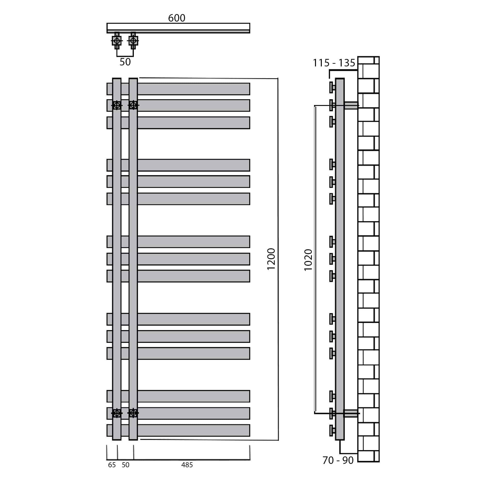 Design Badheizkörper 1200 x 600 Paneel Heizkörper Handtuch Mittel Anschluss links rechts anthrazit seitlich offen technische Zeichnung - heizkoerper.shop
