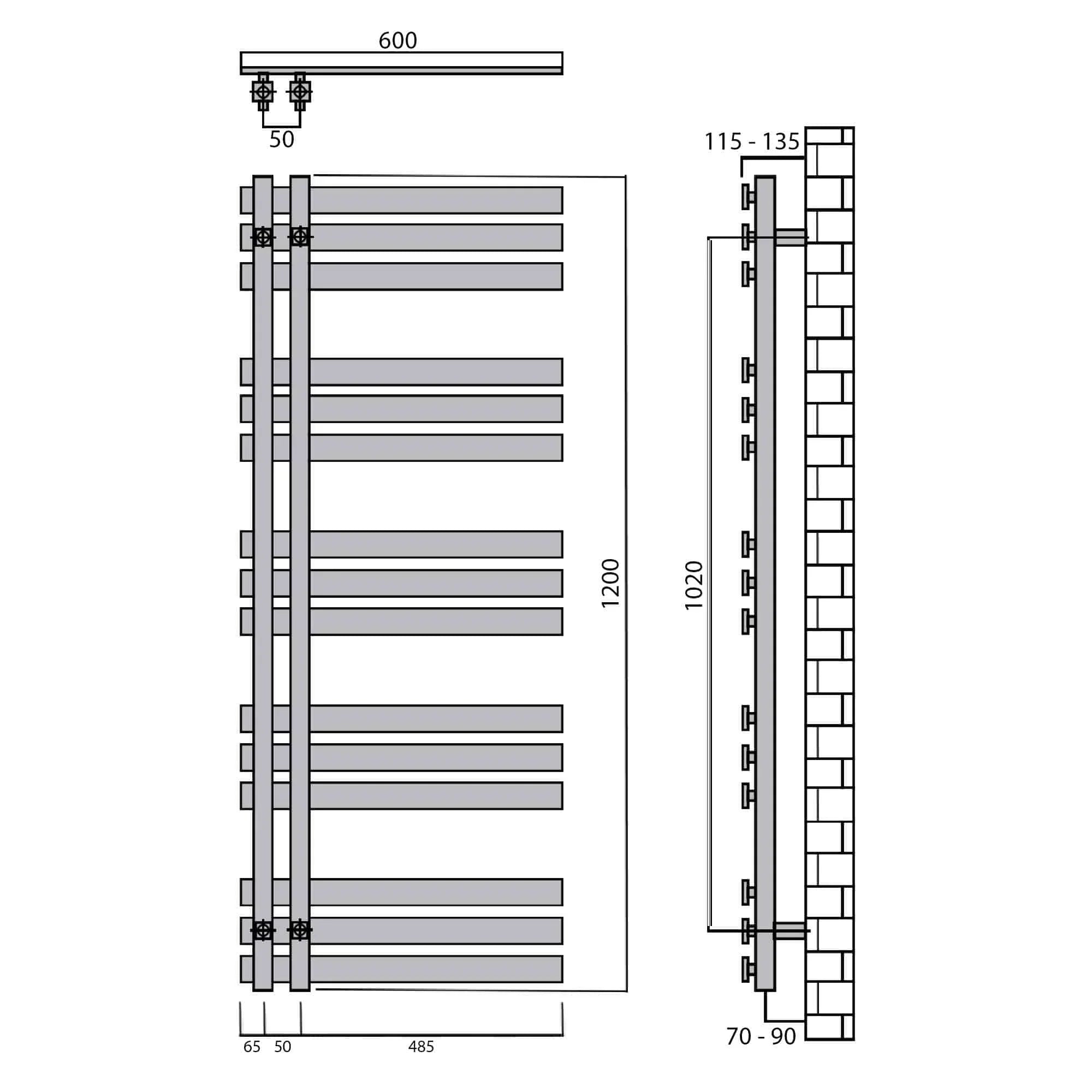 Design Badheizkörper 1200 x 600 Paneel Heizkörper Handtuch Mittel Anschluss links rechts anthrazit seitlich offen technische Zeichnung - heizkoerper.shop