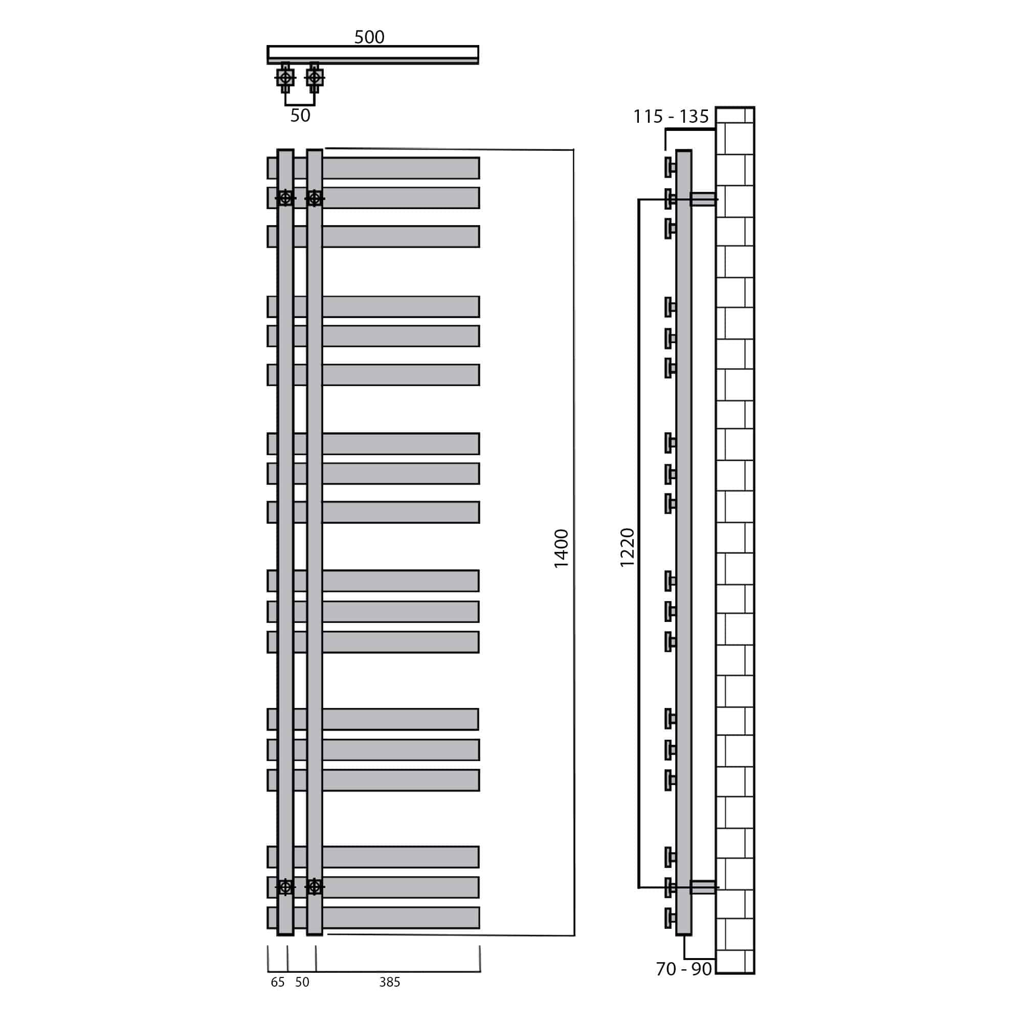 Design Badheizkörper 1400 x 500 Paneel Heizkörper Handtuch Mittel Anschluss links rechts anthrazit seitlich offen technische Zeichnung - heizkoerper.shop