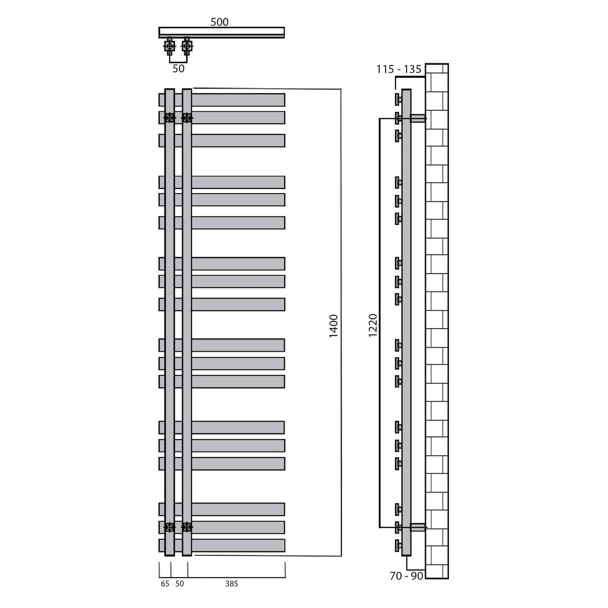 Design Badheizkörper 1400 x 500 Paneel Heizkörper Handtuch Mittel Anschluss links rechts anthrazit seitlich offen technische Zeichnung - heizkoerper.shop