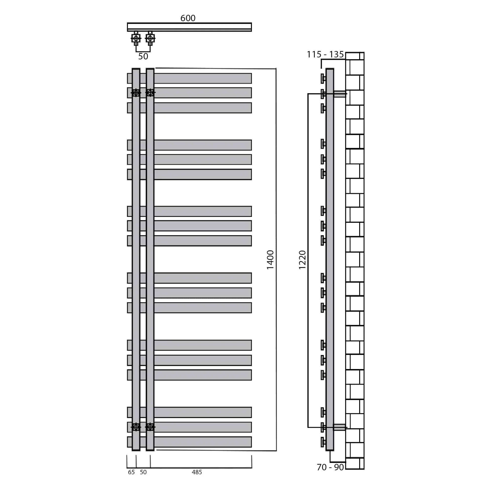 Design Badheizkörper 1400 x 600 Paneel Heizkörper Handtuch Mittel Anschluss links rechts inkl. Befestigung seitlich offen technische Zeichnung - heizkoerper.shop