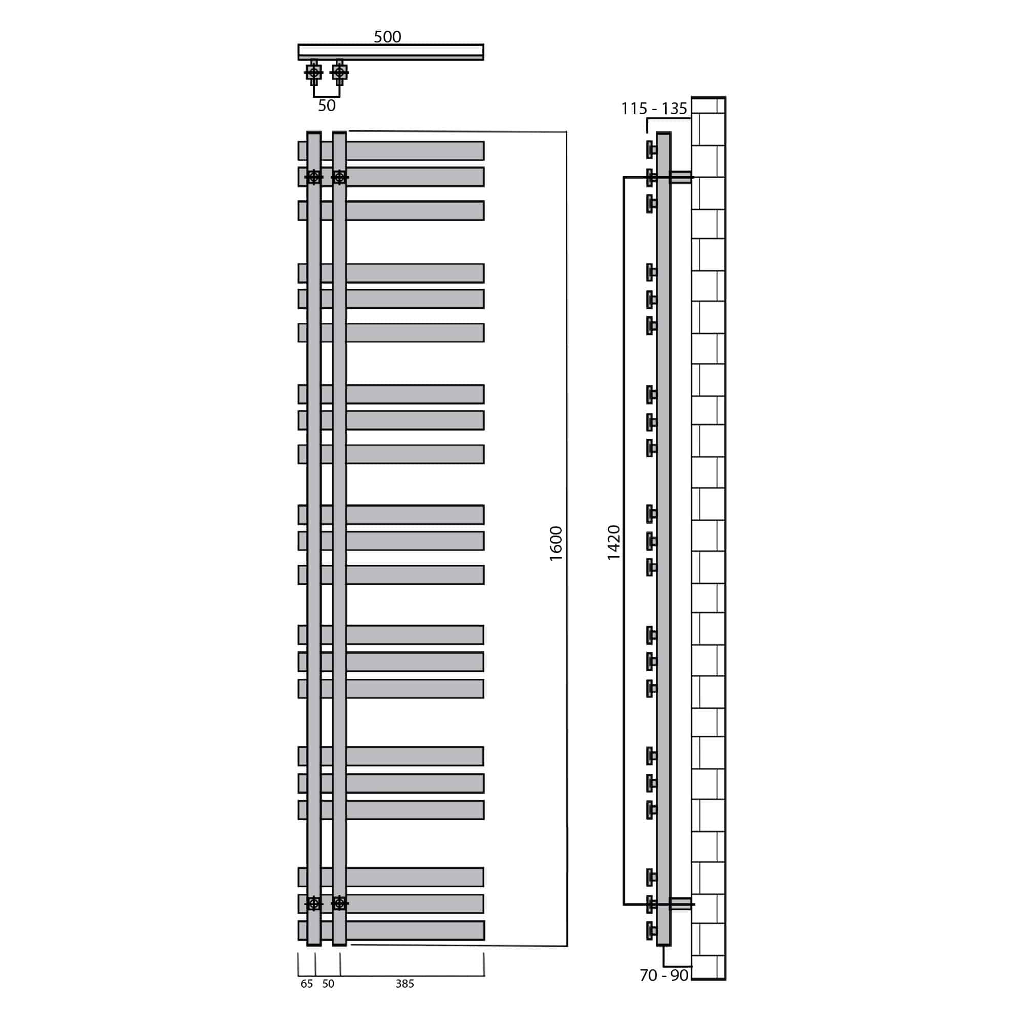 Design Badheizkörper 1600 x 500 Paneel Heizkörper Handtuch Mittel Anschluss links rechts anthrazit seitlich offen technische Zeichnung - heizkoerper.shop