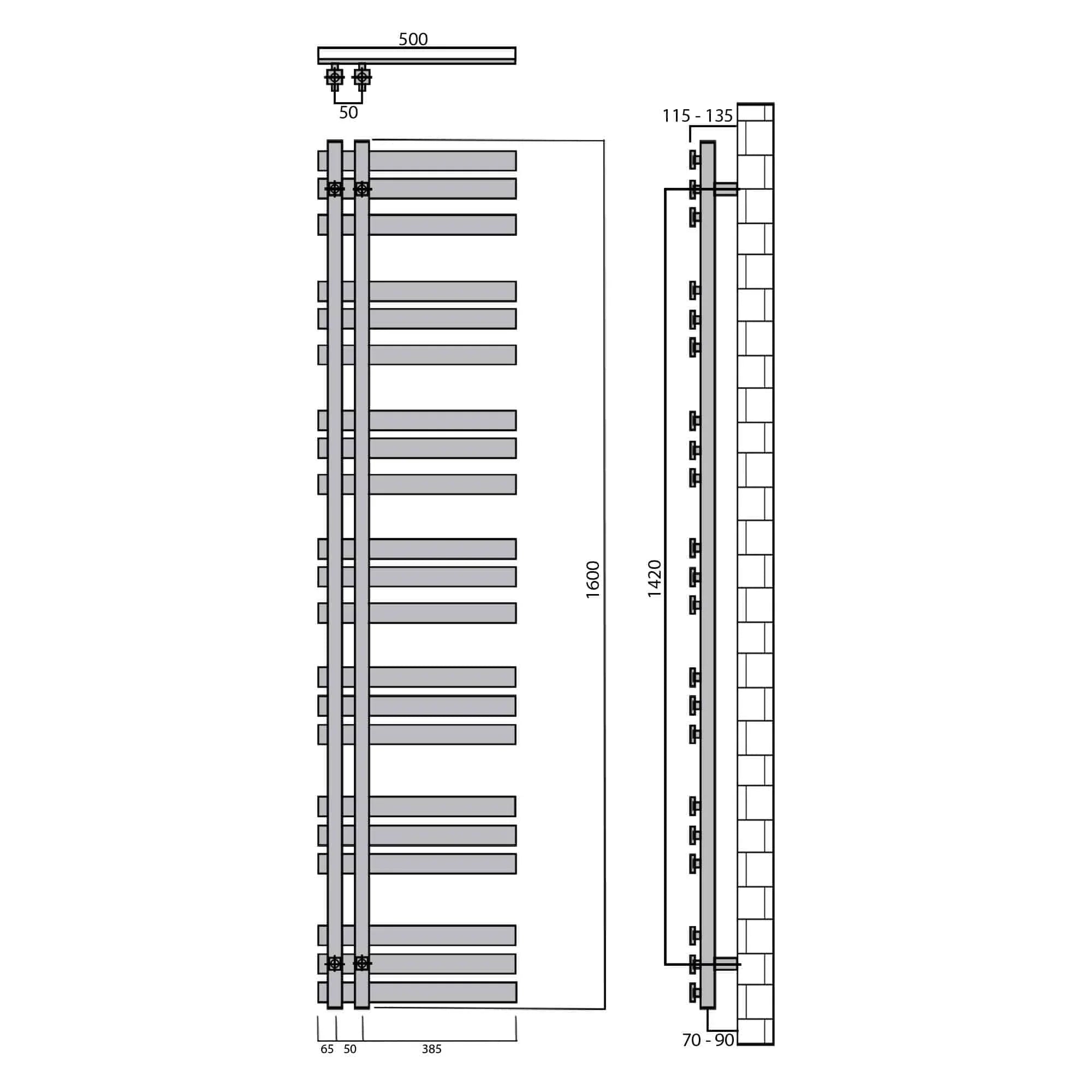 Design Badheizkörper 1600 x 500 Paneel Heizkörper Handtuch Mittel Anschluss links rechts anthrazit seitlich offen technische Zeichnung - heizkoerper.shop