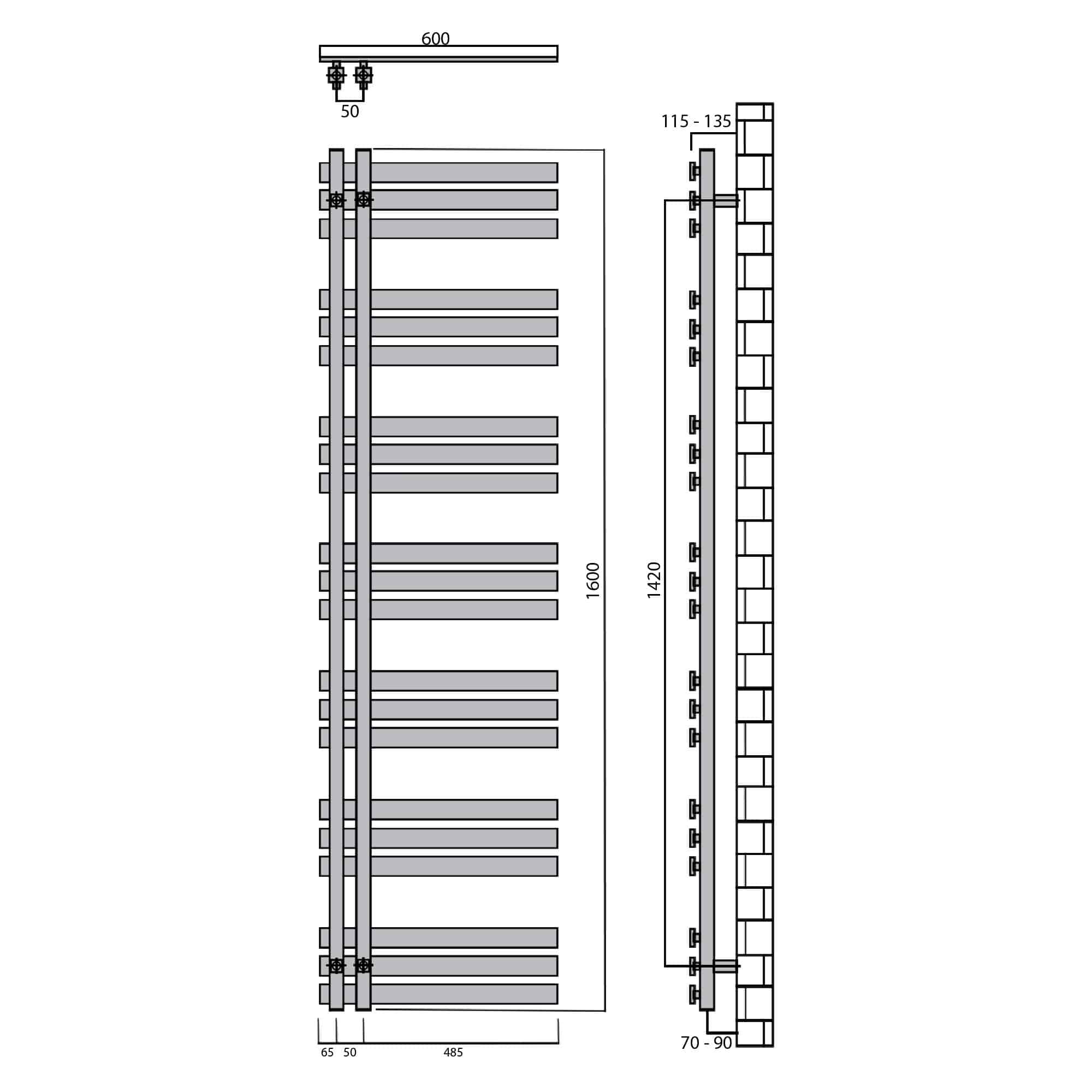 Design Badheizkörper 1600 x 600 Paneel Heizkörper Handtuch Mittel Anschluss links rechts anthrazit seitlich offen technische Zeichnung - heizkoerper.shop