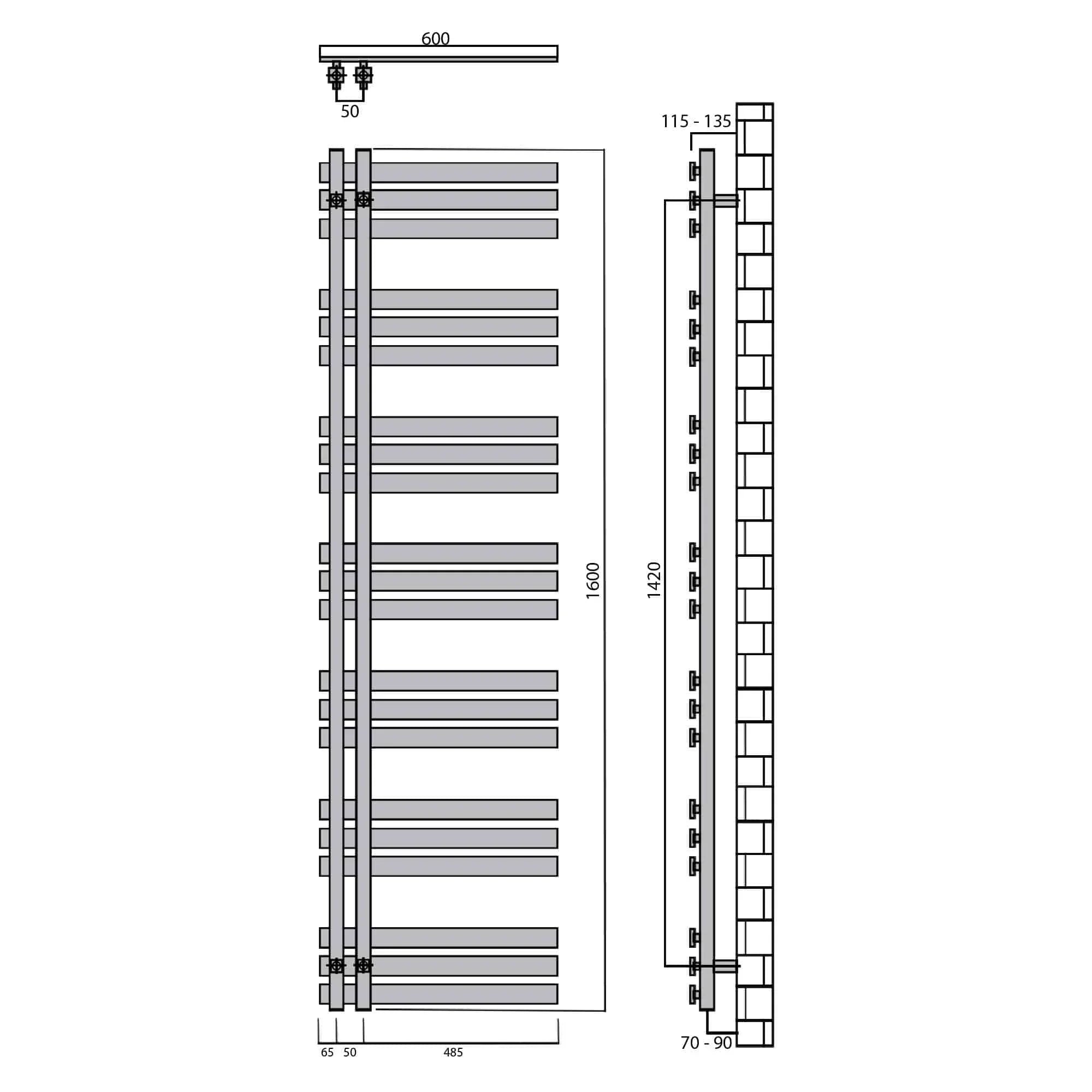 Design Badheizkörper 1600 x 600 Paneel Heizkörper Handtuch Mittel Anschluss links rechts anthrazit seitlich offen technische Zeichnung - heizkoerper.shop