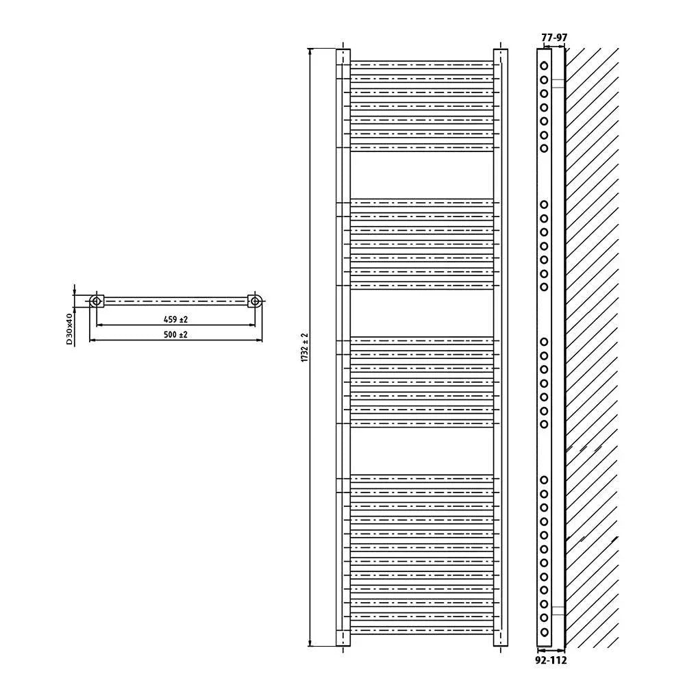 Badheizkörper gerade mit analogem Thermostat 1732 x 500 Elektroheizkörper Handtuchwärmer elektrischer Handtuchhalter technische Zeichnung - heizkoerper.shop