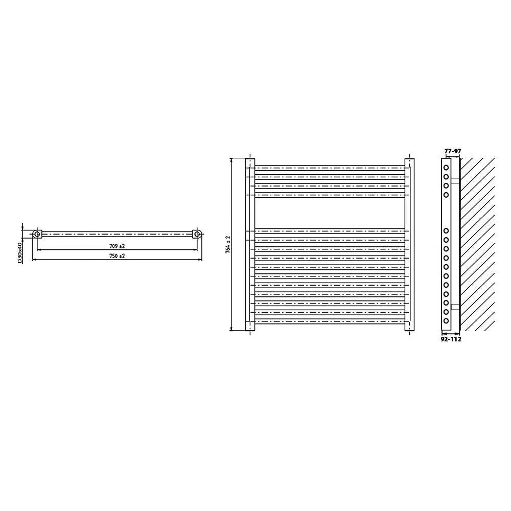 Badheizkörper gerade mit analogem Thermostat 764 x 750 Elektroheizkörper Handtuchwärmer elektrischer Handtuchhalter technische Zeichnung - heizkoerper.shop