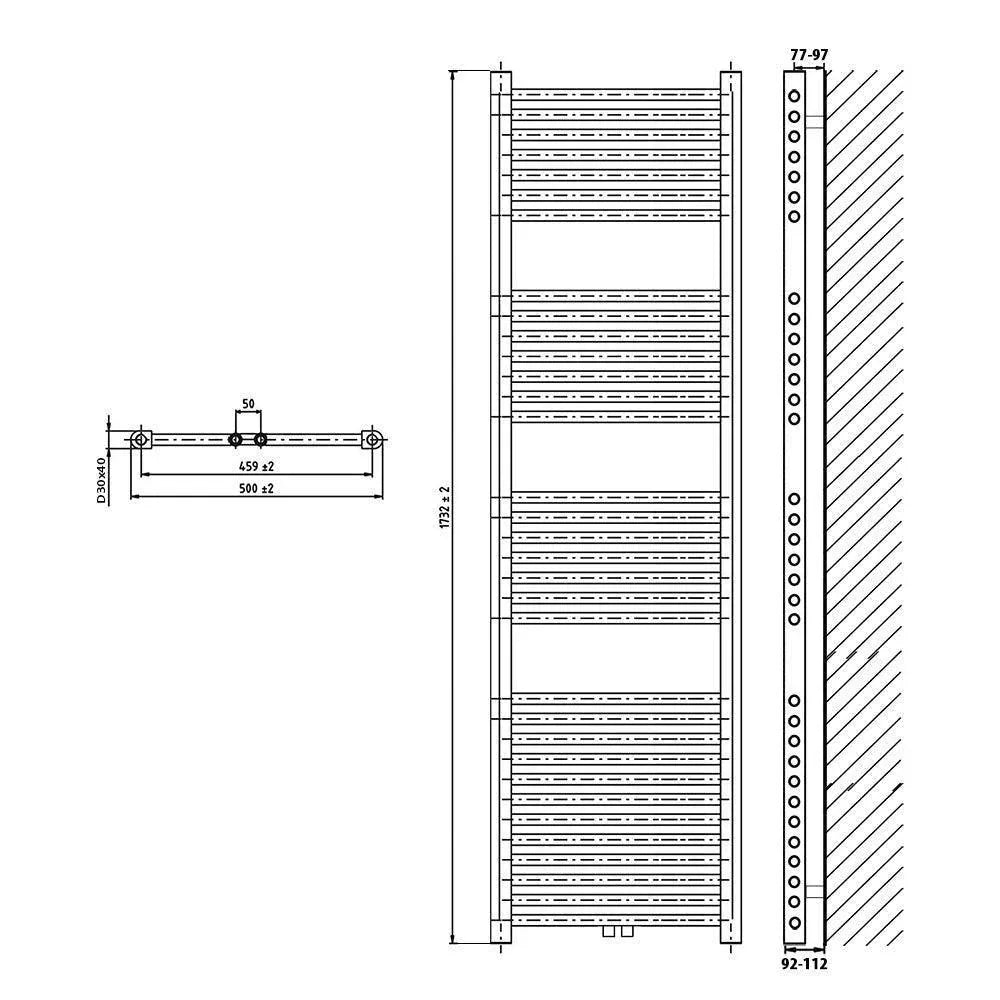 Handtuchheizkörper mit Mittelanschluss 1732 x 500 Handtuchhalter Badezimmer Heizung Handtuchwärmer technische Zeichnung - heizkoerper.shop