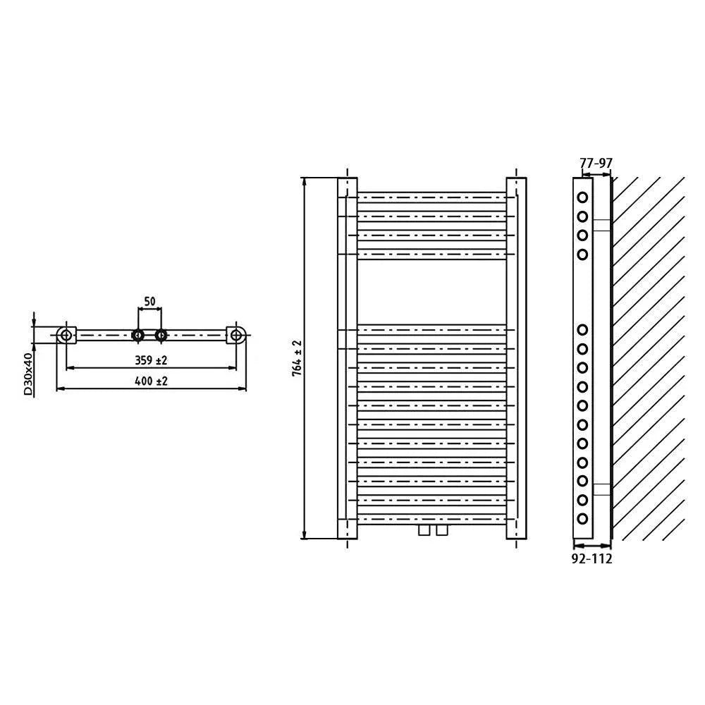 Handtuchheizkörper mit Mittelanschluss 764 x 400 Handtuchhalter Badezimmer Heizung Handtuchwärmer technische Zeichnung - heizkoerper.shop
