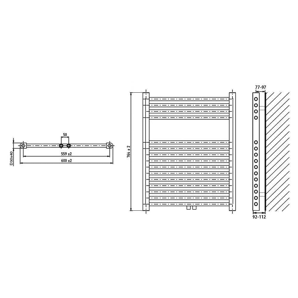 Handtuchheizkörper mit Mittelanschluss 764 x 600 Handtuchhalter Badezimmer Heizung Handtuchwärmer technische Zeichnung - heizkoerper.shop