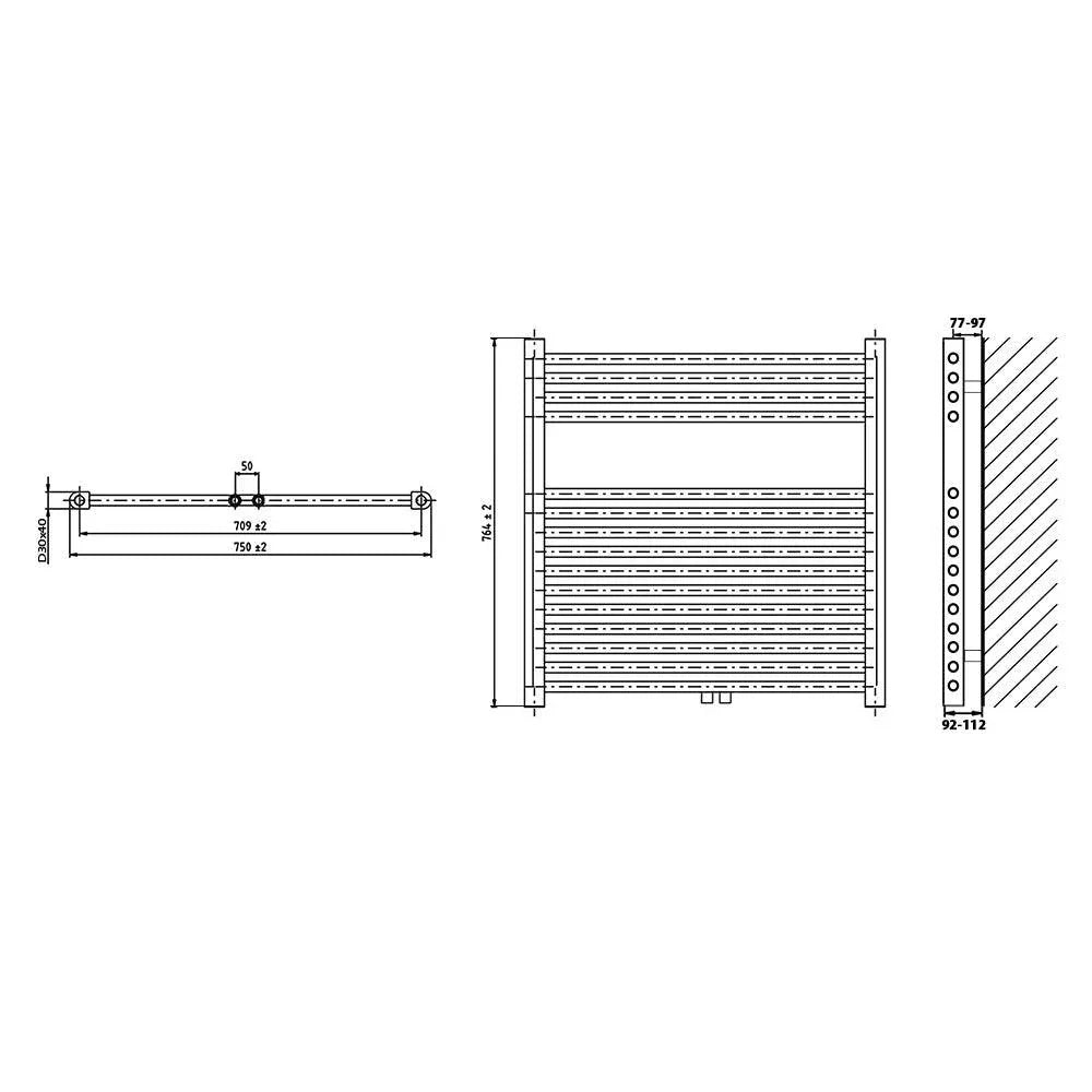 Badheizkörper gerade mit Mittenanschluss 764 x 750 Handtuchhalter Badezimmer Heizung Handtuchwärmer technische Zeichnung - heizkoerper.shop