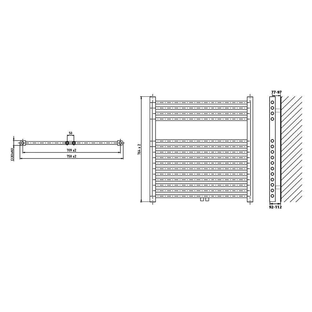 Handtuchheizkörper mit Mittelanschluss 764 x 750 Handtuchhalter Badezimmer Heizung Handtuchwärmer technische Zeichnung - heizkoerper.shop